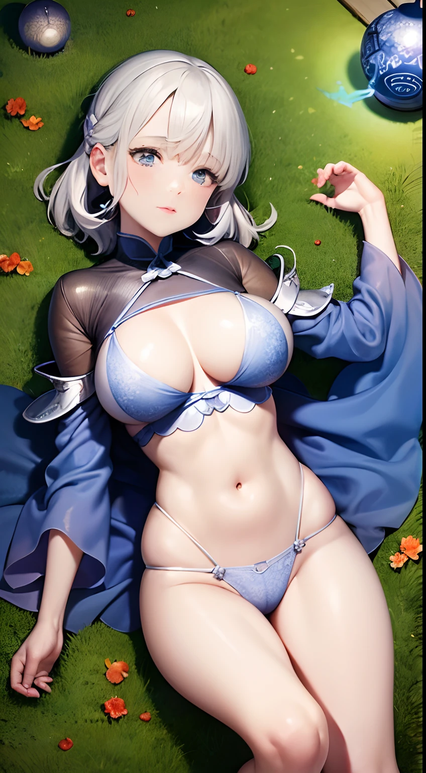Elsa Beskow, Margaret Tarrant, Japanese Anime Surreal Mysterious Bizarre Sci-fi Fantasy Fantasy Stalls Festival Lanterns Beautiful Kimono girl Galactic Sky School of Goldfish Swimming in the Air Bird's Eye View, hyperdetailed high resolution high definition high quality masterpiece, kimono undone front open completely, very huge tits large hip, tiny see through underwear