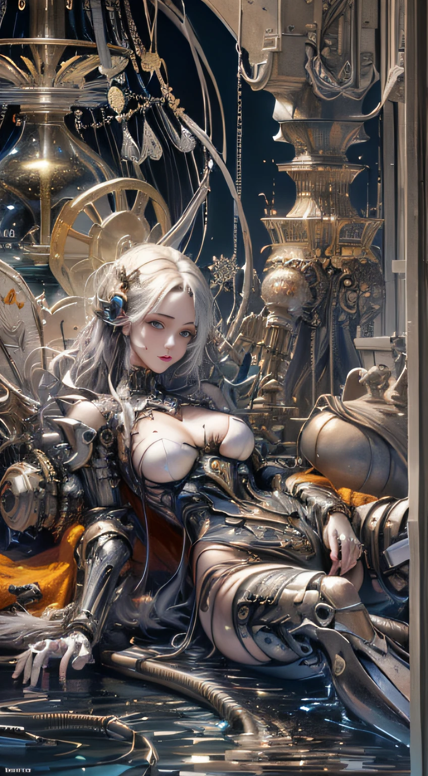 (Masterpiece, top quality, best quality, official art, Beauty and Aesthetics: 1.2), (1 Girl: 1.3), Very Detailed, Colorful, Most Detailed ((Super Detailed)), (Highly Detailed CG Illustration), (Very Delicate and Beautiful), (From the Front), Cinema Light, ((1 Mechanical Girl)), Single, Complete, (Machine-Made Joints: 1.2), ((Mechanical Limbs)), (Many Mechanical Tentacles), (Tied), (True), (Blood Vessels Attached to Tubes), (Mechanical Vertebrae Attached to the Back) ,((hourglass body:1.8,large real breasts:1.6,large metal nipples:1.4))((mechanical cervical vertebrae attached to her neck)), (lying on his stomach), (legs spread:2.1,real puffy pussy:1.6,wet pussy:1.4), (expressionless, (wires and cables connected to the neck: 1.2), (wires and cables connected to the head: 1.2) (character focus), science fiction, black background,(mucus: 1.5),looking at viewer seductively