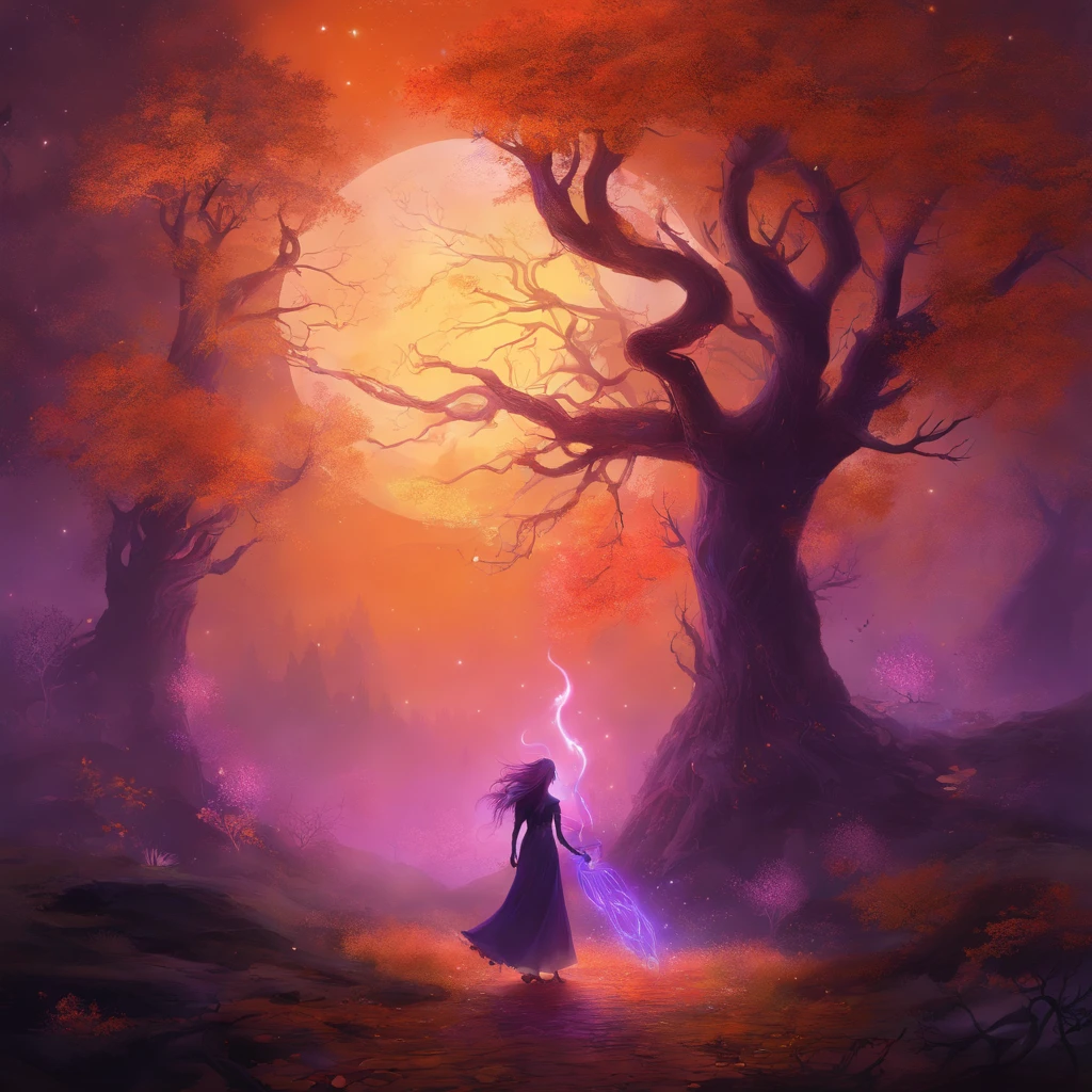 "(best quality, highres, ultra-detailed), The goddess casting mystical glowing spells in a haunted forest, orange and purple hues, portraits, vivid colors, extreme detail description, sharp focus, physically-based rendering, studio lighting, horror, witch, magical, eerie atmosphere, swirling fog, ethereal glow, ancient trees, twisted branches, moonlit sky, mysterious shadows, spellbinding, enchanting, hauntingly beautiful"