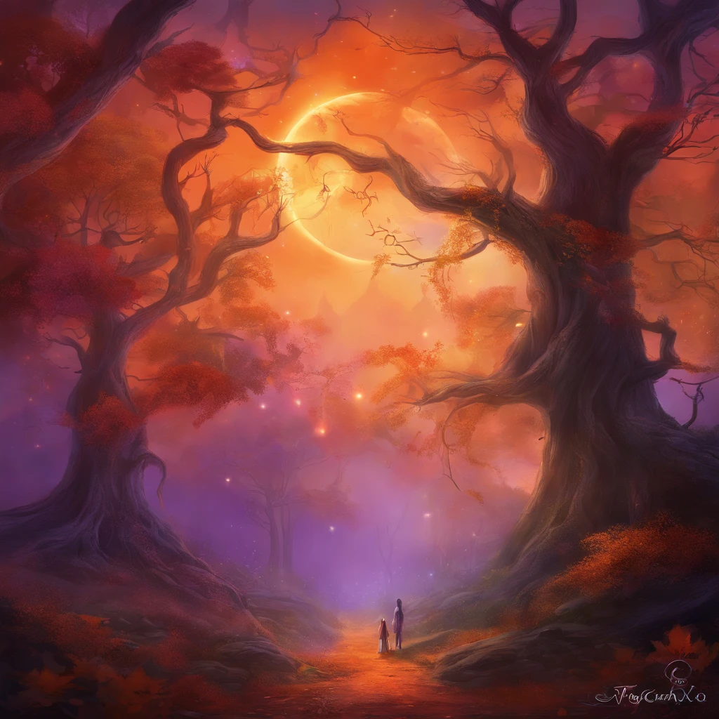 "(best quality, highres, ultra-detailed), The goddess casting mystical glowing spells in a haunted forest, orange and purple hues, portraits, vivid colors, extreme detail description, sharp focus, physically-based rendering, studio lighting, horror, witch, magical, eerie atmosphere, swirling fog, ethereal glow, ancient trees, twisted branches, moonlit sky, mysterious shadows, spellbinding, enchanting, hauntingly beautiful"