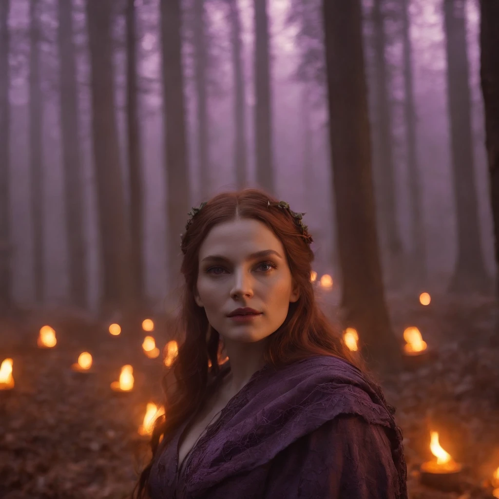 "(best quality, highres, ultra-detailed), The goddess casting mystical glowing spells in a haunted forest, orange and purple hues, portraits, vivid colors, extreme detail description, sharp focus, physically-based rendering, studio lighting, horror, witch, magical, eerie atmosphere, swirling fog, ethereal glow, ancient trees, twisted branches, moonlit sky, mysterious shadows, spellbinding, enchanting, hauntingly beautiful"