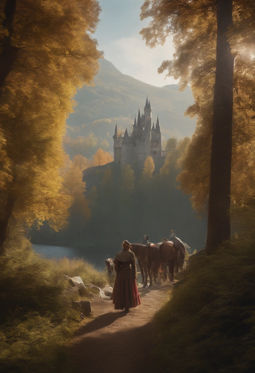 knight in metal armor looking at a princess in dress, they are off in the distance of a lush forest of trees landscape shot, painting with pallet knife and brush strokes, unreal engine, alphonse mucha style, makoto shinkai and lois van baarle style, global illumination, detailed and intricate environment, pink and red hearts