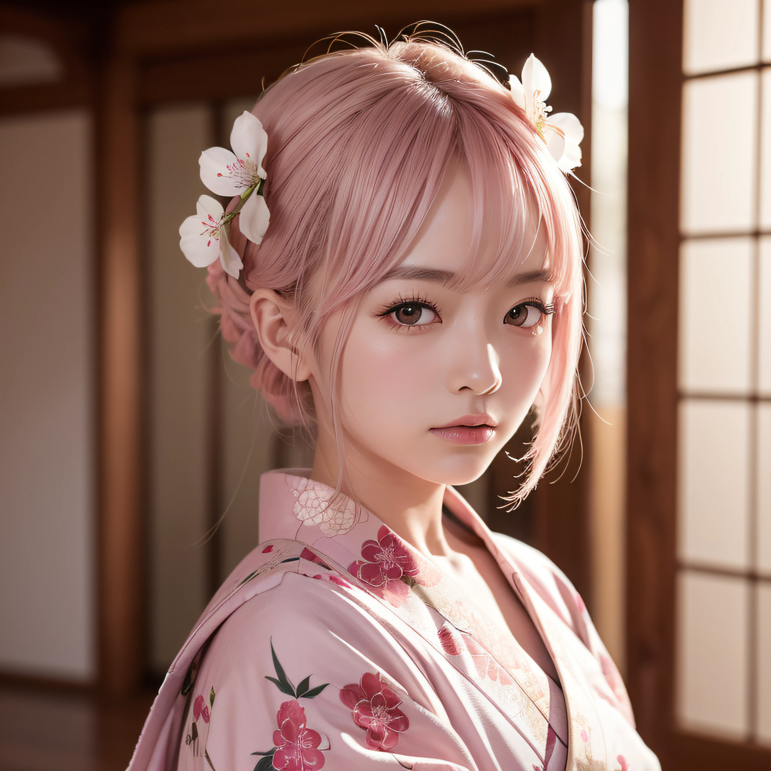 A hyper-realistic, Highly detailed, High resolution 16K image of youth, Beautiful female ghost or guardian spirit. She has pale pink hair and translucent skin, Wearing a traditional kimono with Japan with a small cherry blossom design on the obi. This image is、It captures the ethereal beauty and mystique of the spirit world. The style is inspired by delicacy, Soft aesthetics found in Japan traditional performing arts.