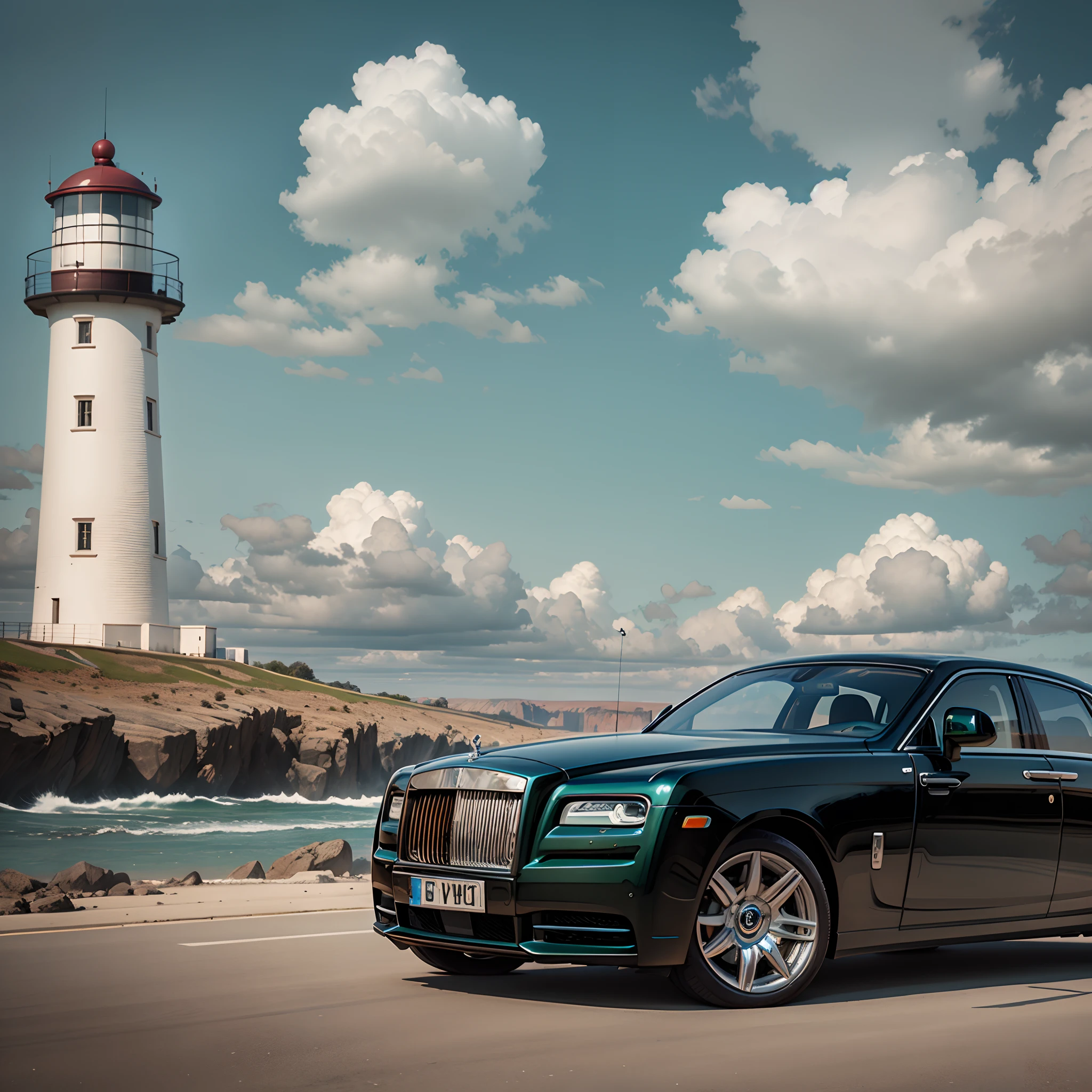 black rolls royce parked near lighthouse, 4k,cinematic, realistic --auto --s2