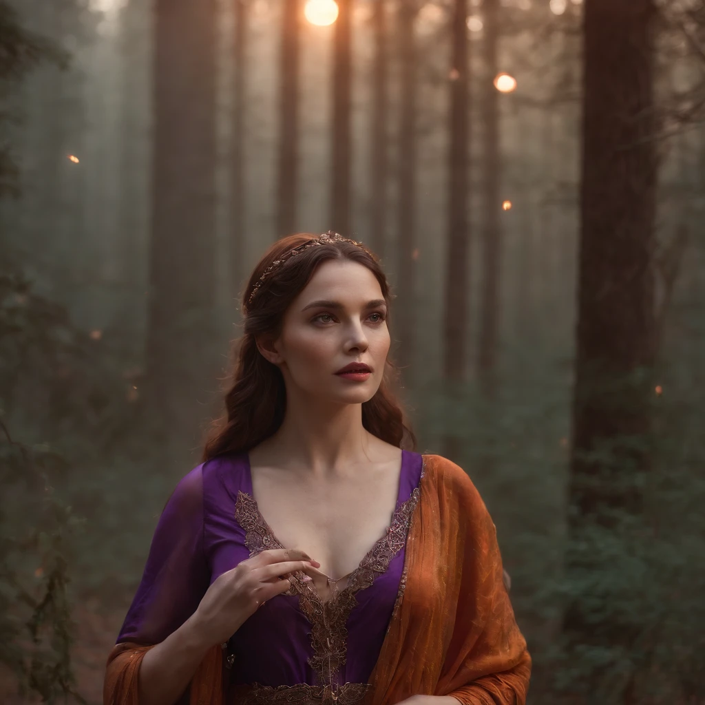 "(best quality, highres, ultra-detailed), The goddess casting mystical glowing spells in a haunted forest, orange and purple hues, portraits, vivid colors, extreme detail description, sharp focus, physically-based rendering, studio lighting, horror, witch, magical, eerie atmosphere, swirling fog, ethereal glow, ancient trees, twisted branches, moonlit sky, mysterious shadows, spellbinding, enchanting, hauntingly beautiful"