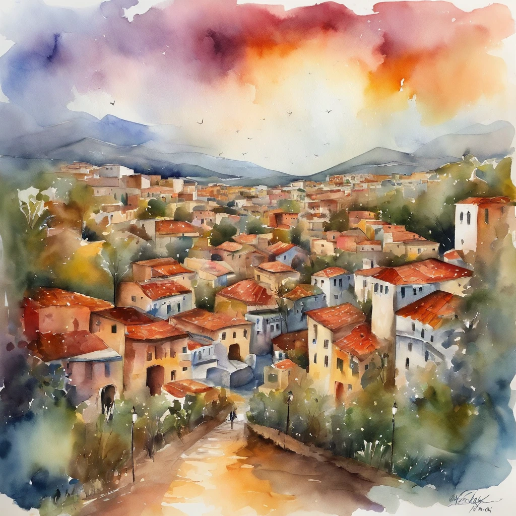 Una gran ciudad al estilo disco-elysium, cielo estrellado, Rascacielos, Una abundancia de colores, Expresionista de acuarela