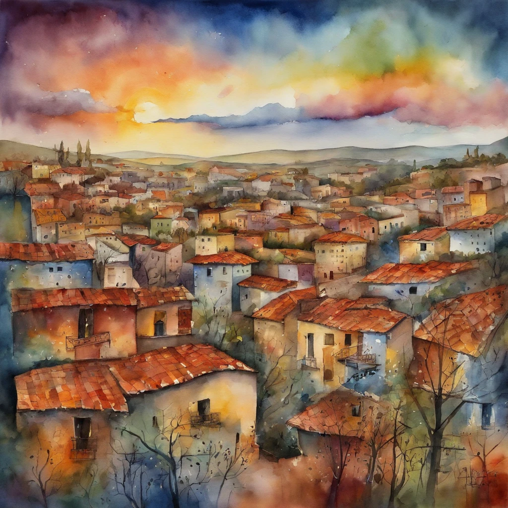 Una gran ciudad al estilo disco-elysium, cielo estrellado, Rascacielos, Una abundancia de colores, Expresionista de acuarela
