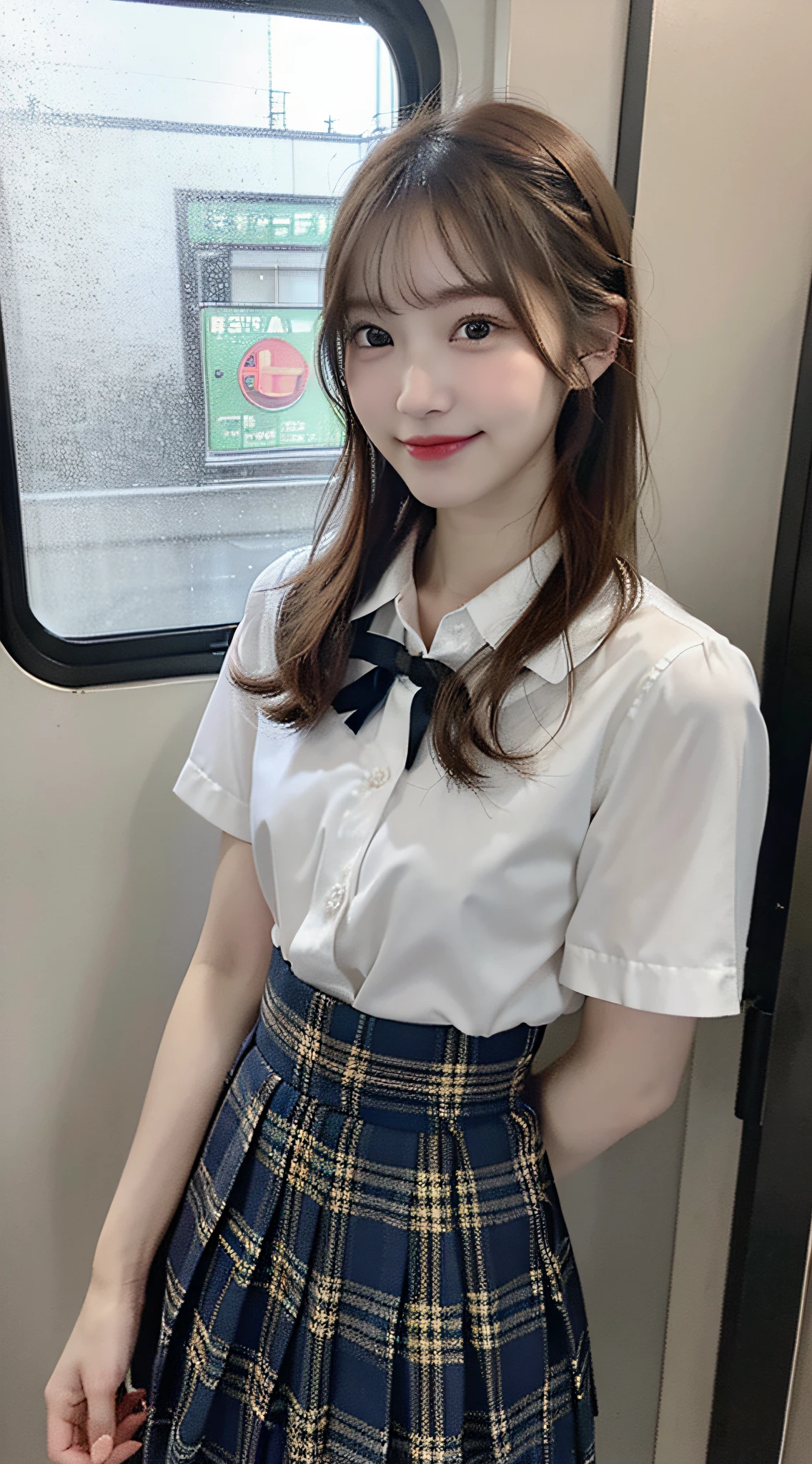 (masterpiece:1.3), (8K, Photorealsitic, Raw photography, Top image quality: 1.4), Japan high school girls、(Random hairstyles:1.2)、(small tits:1.3)、Super Detail Face、Narrow-eyed、二重まぶた、foco nítido:1.2、prety woman:1.4、light brown hair、top-quality、超A high resolution、(Photorealsitic:1.4)、very detailed and professional lighting、slender、(A smile)、Japanese girls' high school uniform、The skirt is plaid、(In the train car)、(Looking out the window of the door:1.5)、(Skirt is low waist:1.2)、