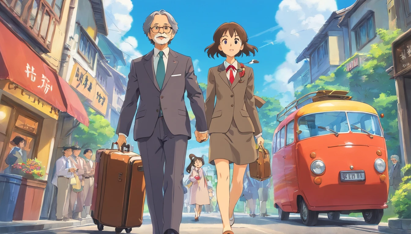 Uncle in suit with cousin,Return to your hometown with your luggage,Get off the bus