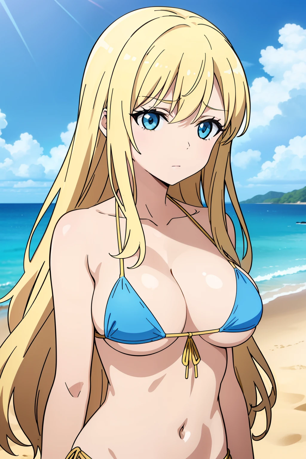 1girl in, Blonde long hair, hair adornments, (hanging breast), Light blue micro bikini, (upper body), sand beach