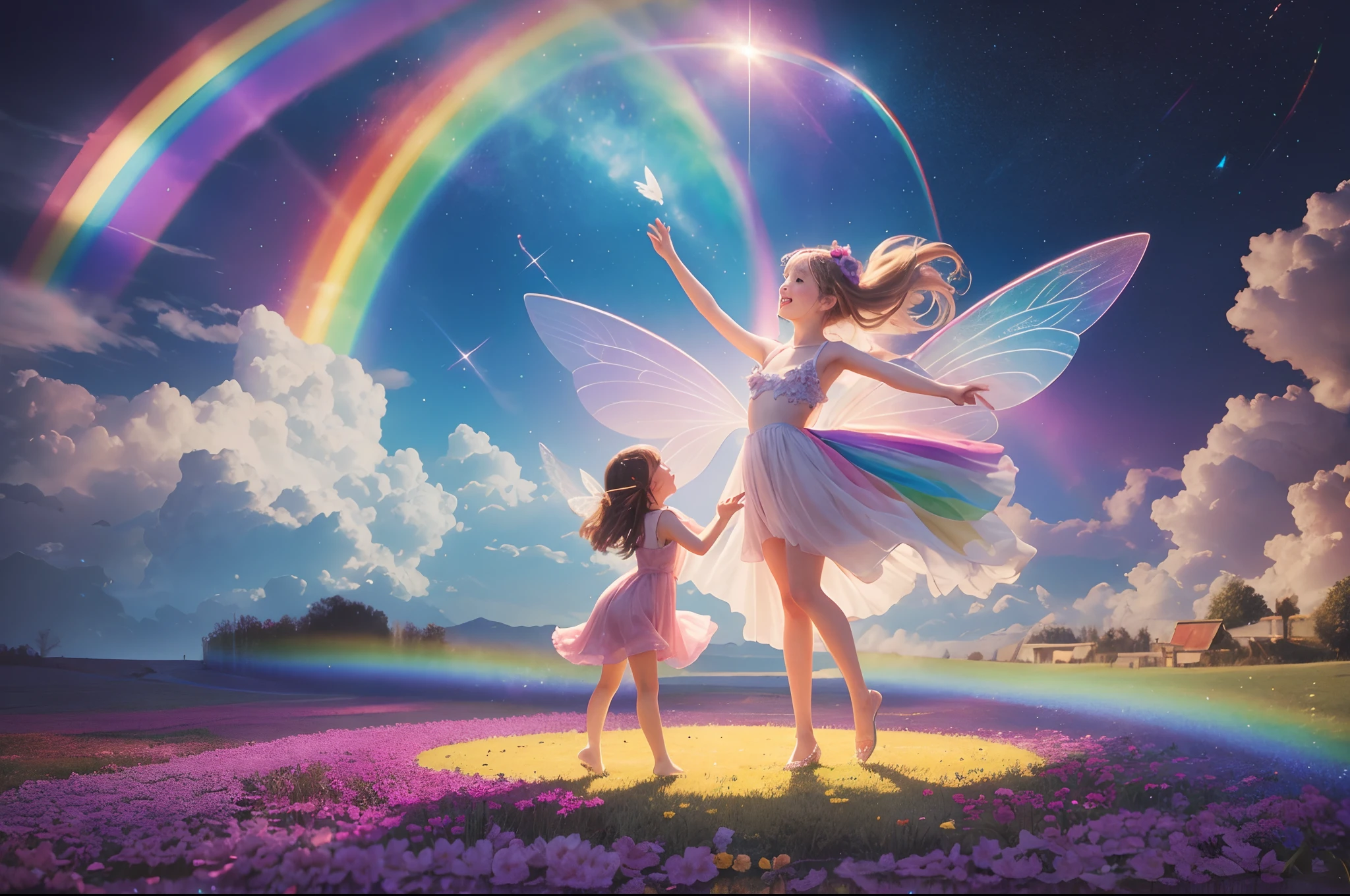 Girls and fairies with delicate wings, dancing, big rainbow as background, children's book illustration, 3d, whimsical, funny.