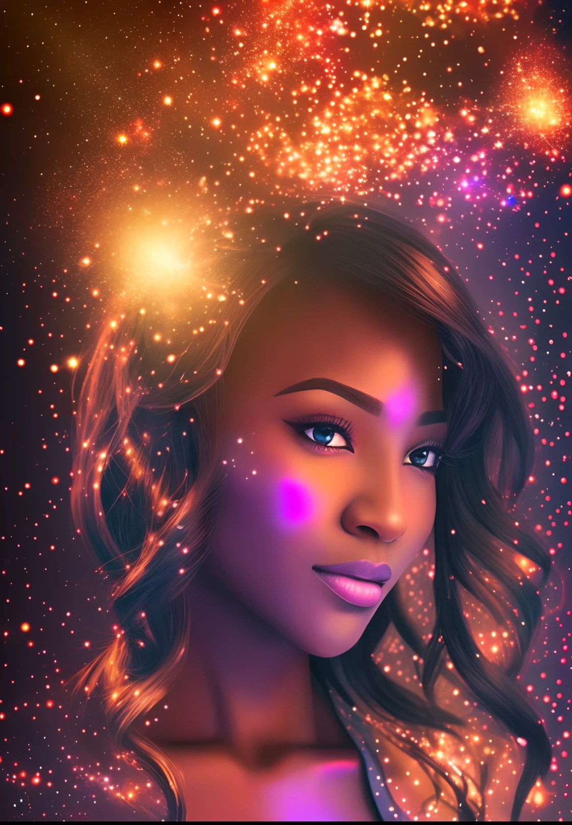 A black woman wearing african designed clothes standing in a dark area, with shining particles falling from up, tiny particles shining beautifully, with iridescent light, photorealistic image, 32k, ultra HD, cinematic lighting, artgerm style, highly detailed images, vibrant and beautiful colours, highly detailed facial features, highly detailed hands, highly detailed fingers, highly detailed legs, --auto --s2