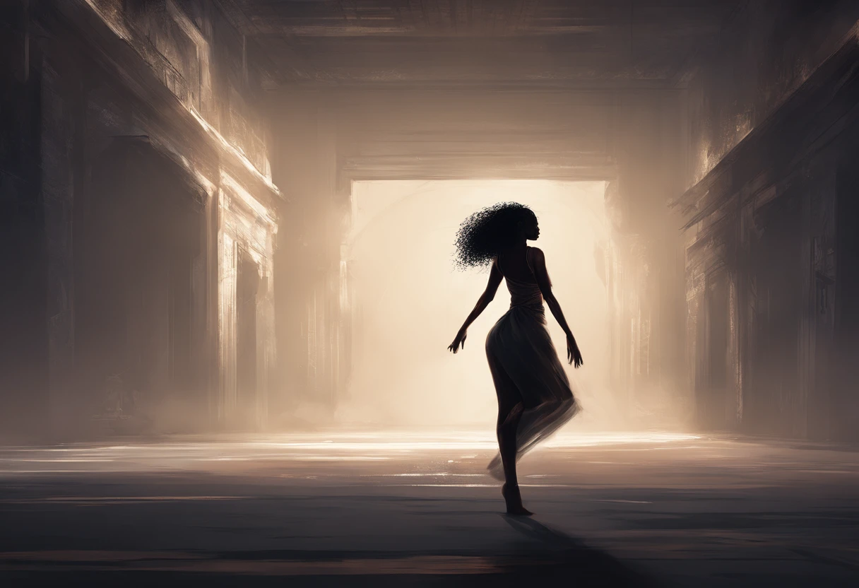 Black woman dancing in dark, vast room alone