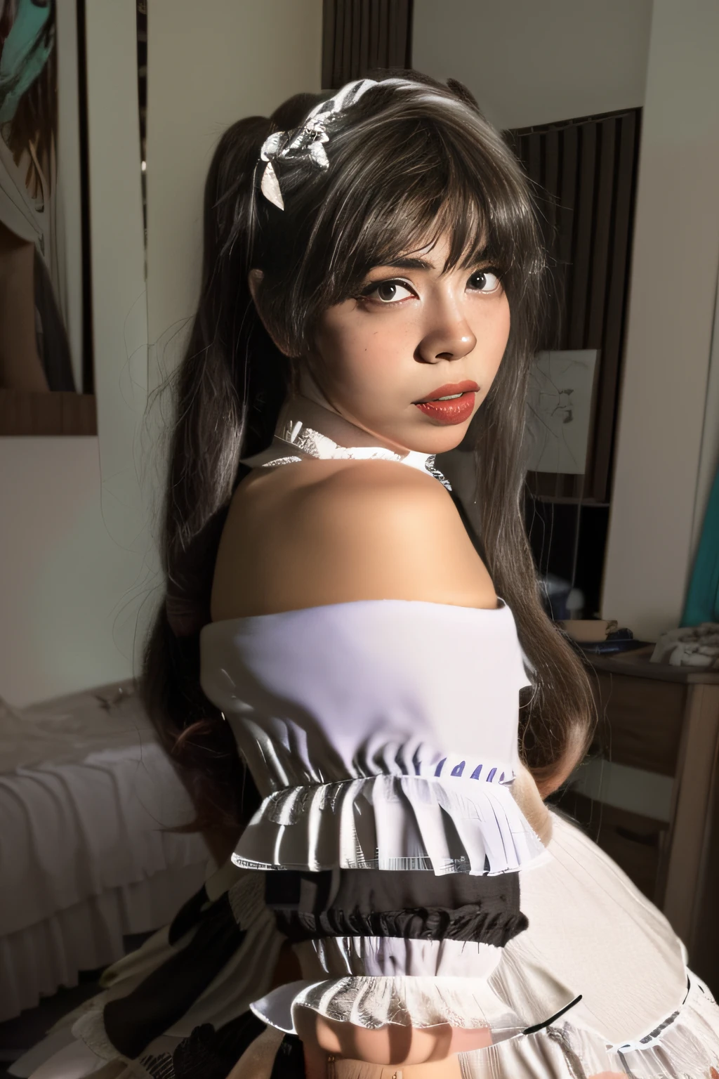 didiwinx, RAW, a moody photo, (maid costume:1.3) , 1girl, detailed city street background, sitting on a chair, (open legs), (quality:1.4), (photorealistic:1.4), (resolution:1.1), looking at viewer, (sensual smile), (sharpness:1.1), (cinematic lighting), depth of field, all in a RAW format shot with an iPhone, ideal for Instagram photography analog style, ((highly detailed skin, skin details)),8k UHD, DSLR,((off shoulder)), high quality, film grain,Fujifilm XT3, looking at viewer, textured skin, shy embarrassed pose, goosebumps, 1girl, in a bedroom, (perfect fingers:1.2), ((perfect eyes)), warm light, shot on Sony a7R IV Mirrorless Camera, 85mm lens, f1/4 aperture, shot by Beverly Conley, epic character composition, by ilya kuvshinov, alessio albi, nina masic, sharp focus, natural lighting, subsurface scattering, f2, 35mm,