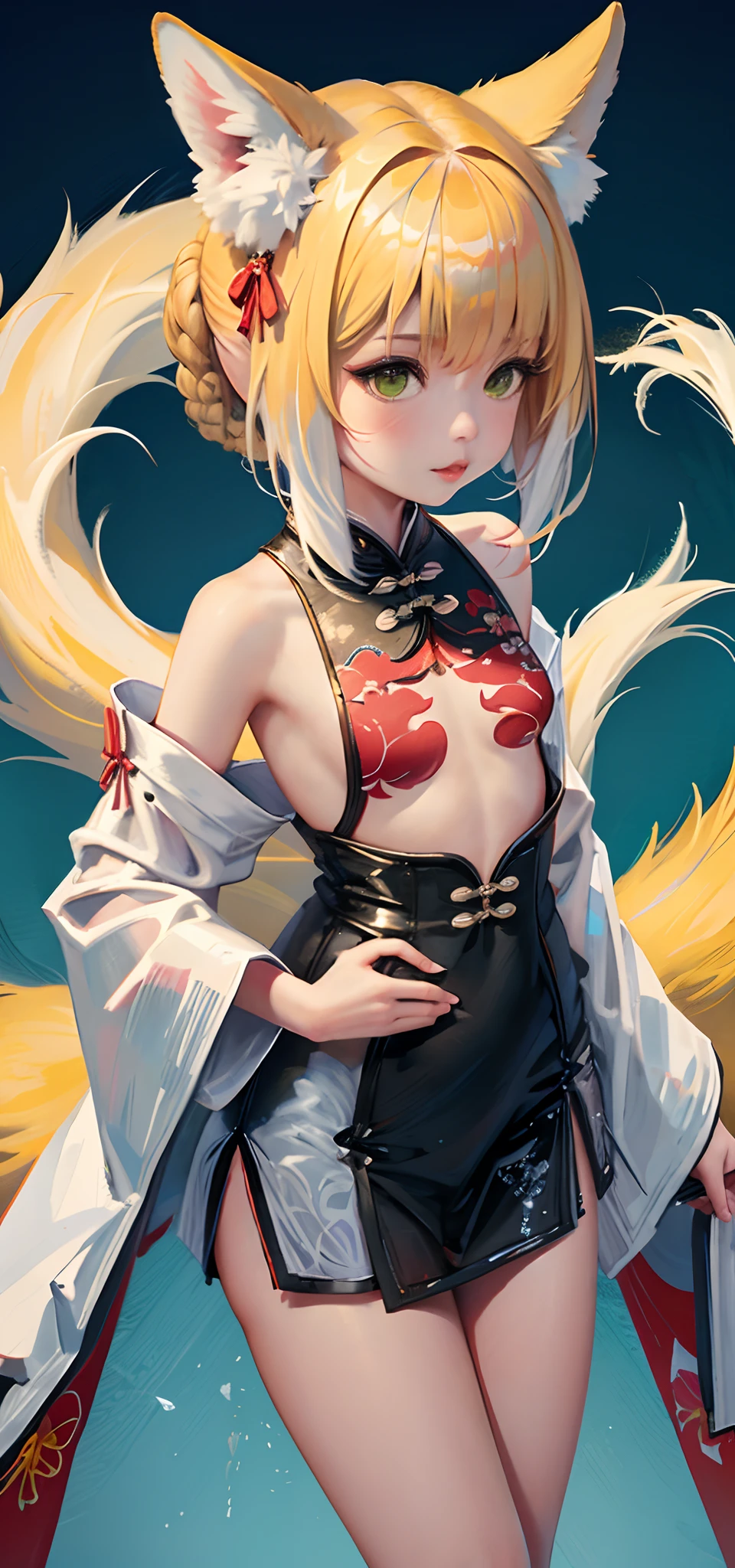 1girll,Short cheongsam,Raised sexy,full bodyesbian, standing, Animal ears, sanimal ear fluff, Blonde hair, Green eyes, Small lively breasts