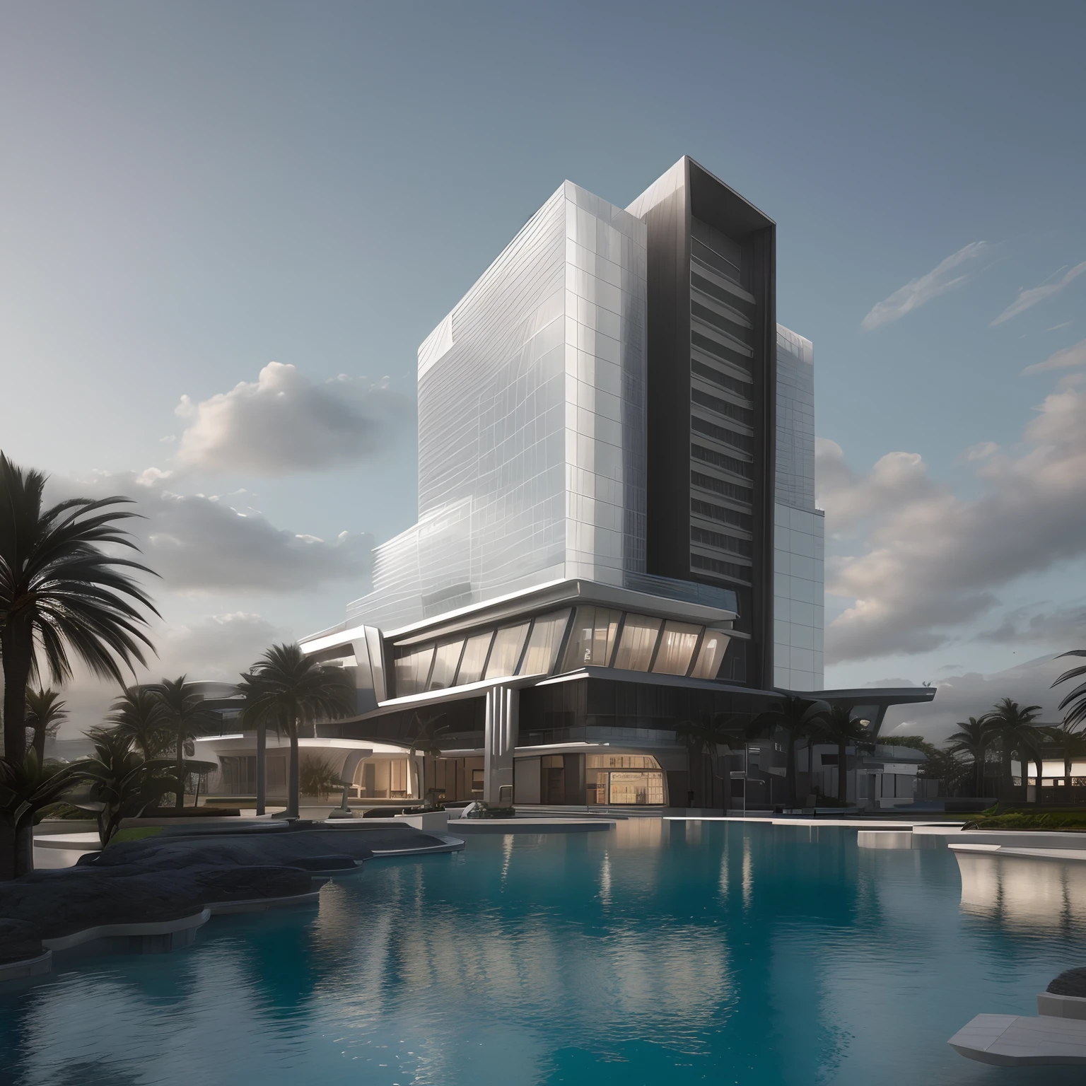 there is a large pool in front of a tall building, (((zaha hadid style base))),mantra rendering, sharp hq rendering, rendering of the windigo, rendering of checkmate, architectural rendering, a photorealistic rendering, precise architectural rendering, unbiased render, true realistic image, a wide full shot, sun coast, arnold rendering, rendered in corona, medium full shot, exterior shot, high quality rendering