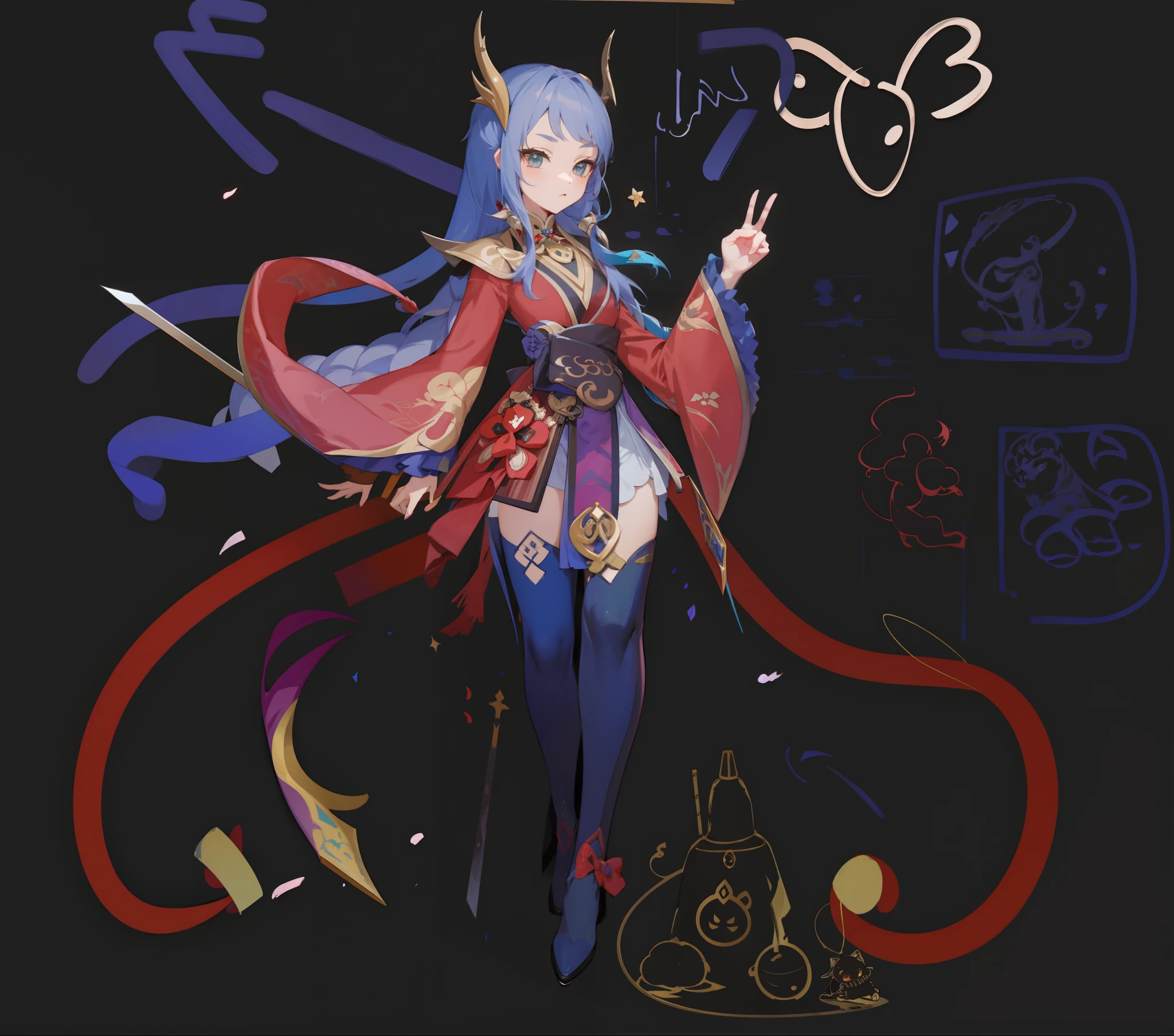 Anime characters with a sword and a cat on black background, Onmyoji detailed art, onmyoji, full-body xianxia, Keqing from Genshin Impact, zhongli from genshin impact, [ Character design ], Ayaka Genshin impact, [ conceptual art ]!!, touhou character, G Liulian art style，Girl，Exquisite facial features，Light and shadow details，adolable