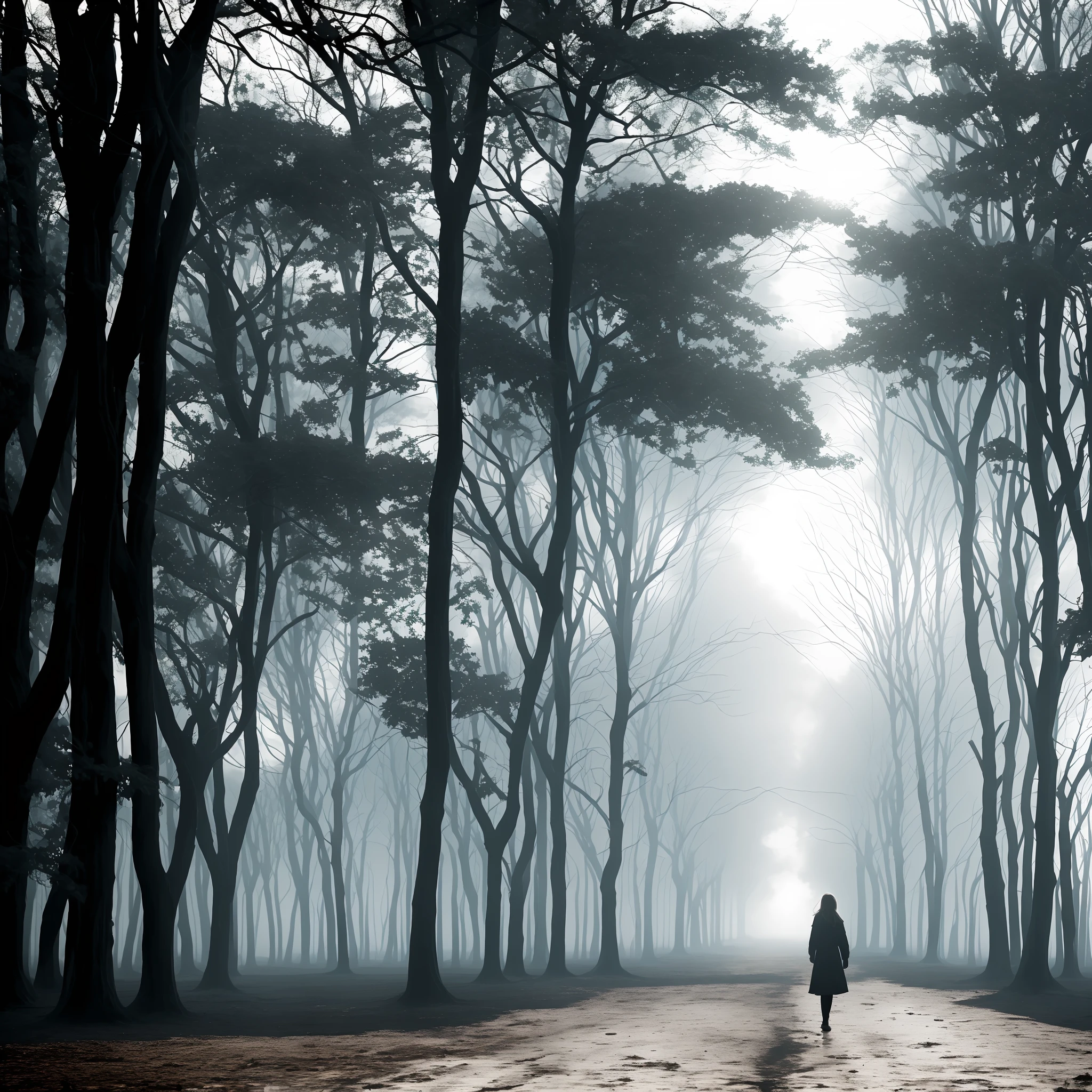 Dusk night view,A lonely girl,Gigantic girls,winter, forest, Black and white, Mist, humidity, HD quality - V 5