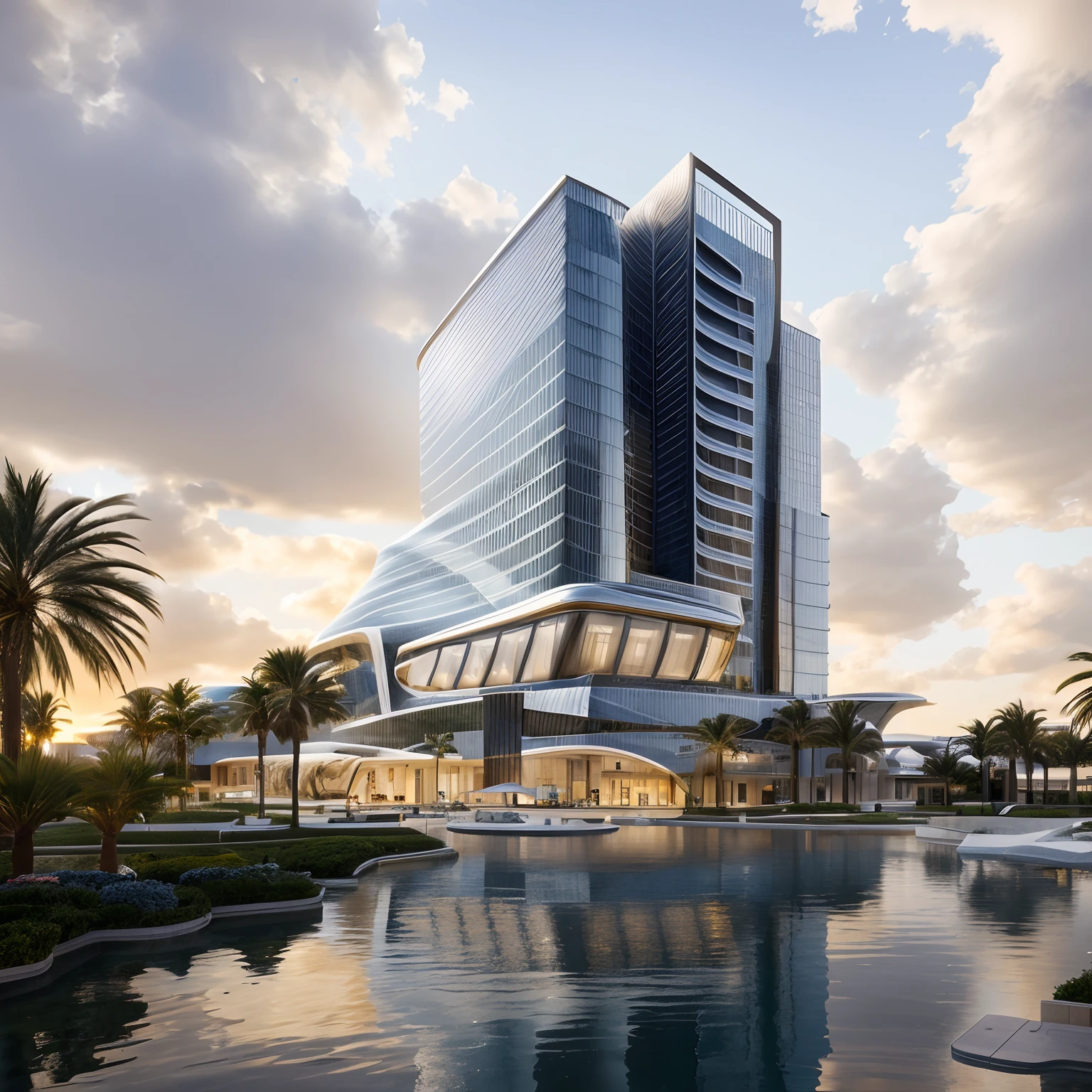 arafed building with a curved facade and a glass front, magnificent design, in style of zaha hadid architect, by Zha Shibiao, sharp foccus ilustration hq, futuristic building, sharp hq rendering, architectural rendering, high quality architectural art, artstation hq”, huge futuristic building, tall obsidian architecture, futuristic marrakech, artistic render, office building