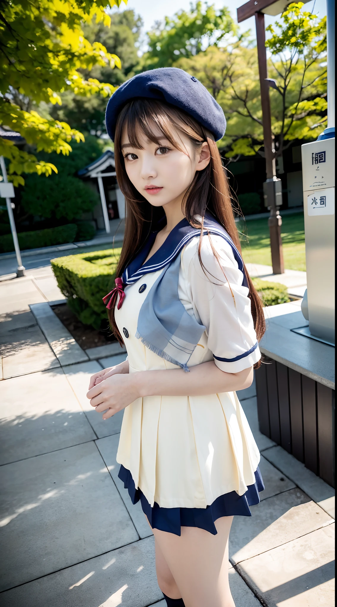 mix4, (16 K, Raw photography, Top image quality, ​masterpiece: 1.45), (realisitic, Photorealsitic: 1.37), one girls, 7．5, etc、Random hairstyle、Standing figure，Morning time slot、a very cute,a park,, profetional lighting, photon maping、physically-based renderingt, Gradient dark brown hair,, a handsome, Well-groomed and beautiful eyes、Large double eyelids、Very shiny、girl with, (((student clothes、Winter clothes、Sailor suit worn by Japan schoolgirl、Navy blue sailor color、scarf、a miniskirt, Small beret、high socks、lowfers))), Top Quality Photos, hight resolution, 1080p, (clearface), (Detailed face description), (Detailed hand description), (​masterpiece), (Exquisite CG)、extreme light and shadows、dishevled hair、master work、abundant detail、(Fine facial features)、(top quality photo)、(masuter piece)、(A detailed eye)、Look in front of you、Fine clavicle、((Slender big))、(((Japan schoolgirl in sailor suit)))、((Ready Idol System))、((a park、Slide、The fountain、seesaw))、(((neat and cute)))、耳Nipple Ring、A big smile、Drawing the whole body from the knees、Do not draw nasolabial folds、(((Cute sailor suit)))、(Big breasts that hang down big:1.4)、Big buttocks with tension、Two arms and two legs、(((from the front side:0.1)))、bare hand、No mask、