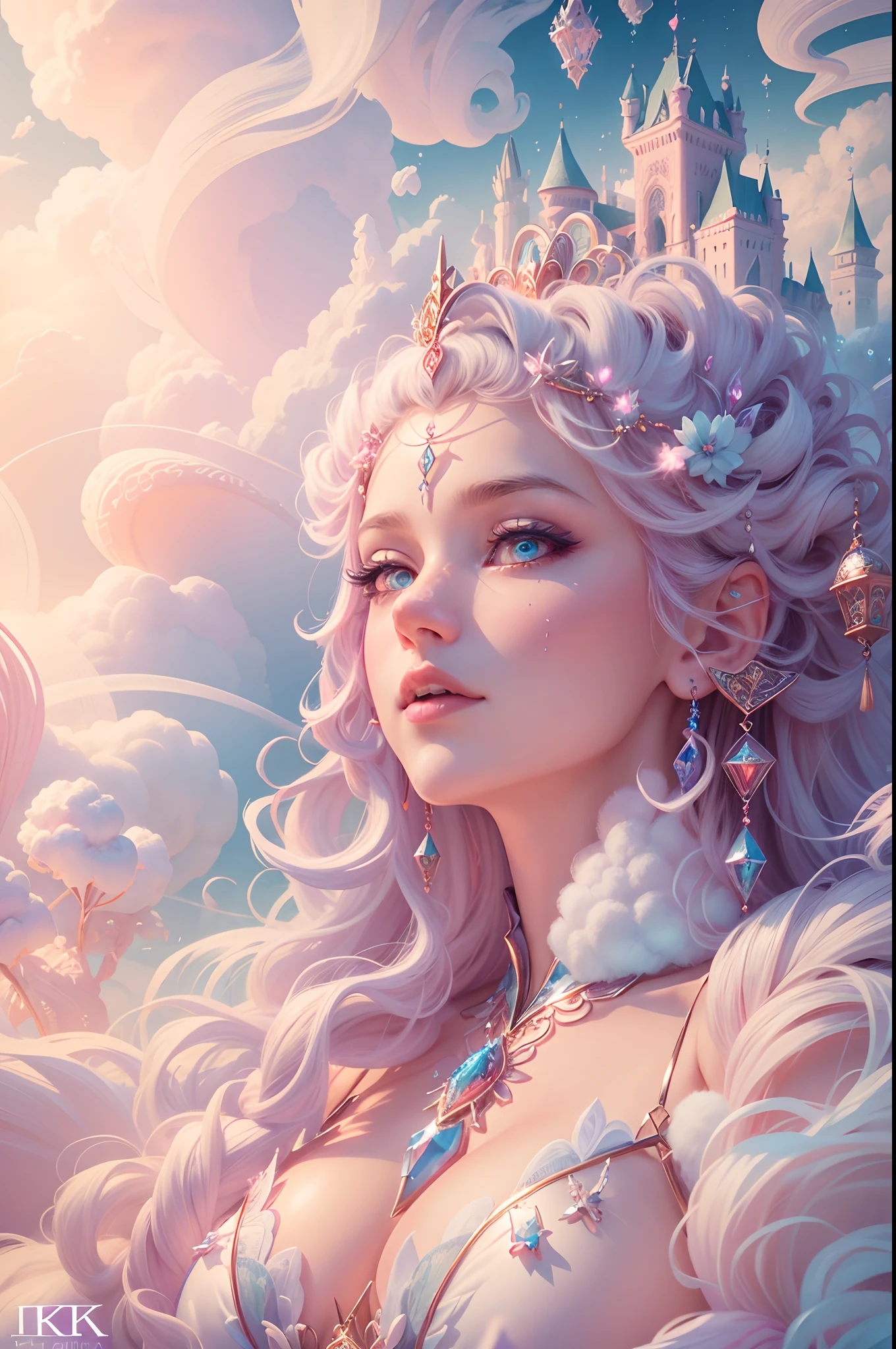 Cotton Candy Queen Women Goddess 8k Resolution Rendered Hyper Realistic Intricate Detail lives in an frosty heart shaped ice bubble, a fanciful place filled with castles, cotton candy, swans lakes and fluffy clouds, An intricate visual representation of computer programing, rendered in 24k resolution with intricate details and symbols.