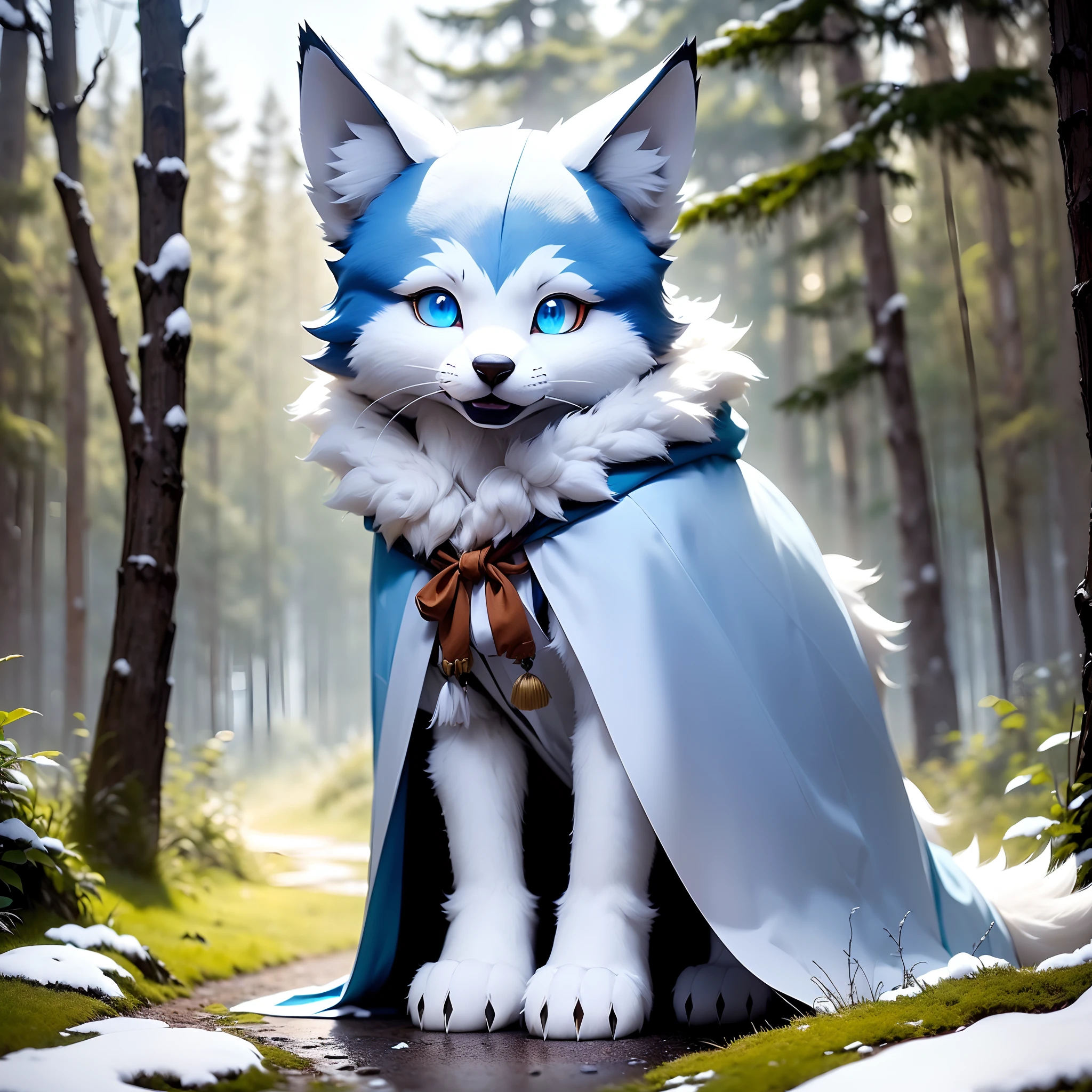 An anthropomorphic fluffy little wolf,Bust photo,Close-up of the head,, Pale blue hair,Large pale blue ears,Big blue eyes,adolable, Light:Extreme light and shadow,(anthr(A half body,Full Body Furry, White fur,Reddish skin ,Sky blue eyes, Pale blue hair:1.2), (long canines、Thick cloak:1.2),(In the daytime、lawns)) ,((Deep in the winter forest,Stone path,独奏,solo person)),Outdoor sunset,((the detail)),(depth of fields