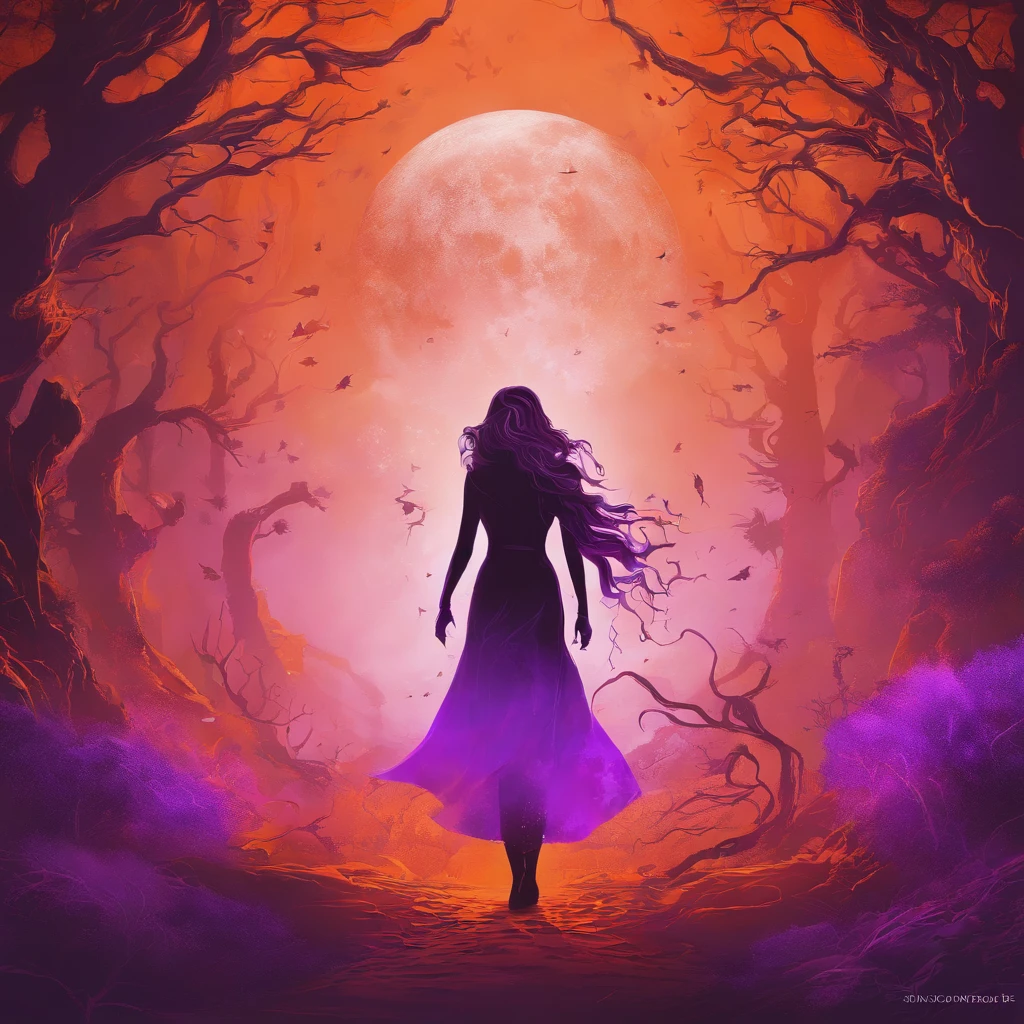 "(best quality, highres, ultra-detailed), The goddess casting mystical glowing spells in a haunted forest, orange and purple hues, portraits, vivid colors, extreme detail description, sharp focus, physically-based rendering, studio lighting, horror, witch, magical, eerie atmosphere, swirling fog, ethereal glow, ancient trees, twisted branches, moonlit sky, mysterious shadows, spellbinding, enchanting, hauntingly beautiful"