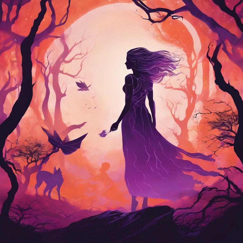 "(best quality, highres, ultra-detailed), The goddess casting mystical glowing spells in a haunted forest, orange and purple hues, portraits, vivid colors, extreme detail description, sharp focus, physically-based rendering, studio lighting, horror, witch, magical, eerie atmosphere, swirling fog, ethereal glow, ancient trees, twisted branches, moonlit sky, mysterious shadows, spellbinding, enchanting, hauntingly beautiful"