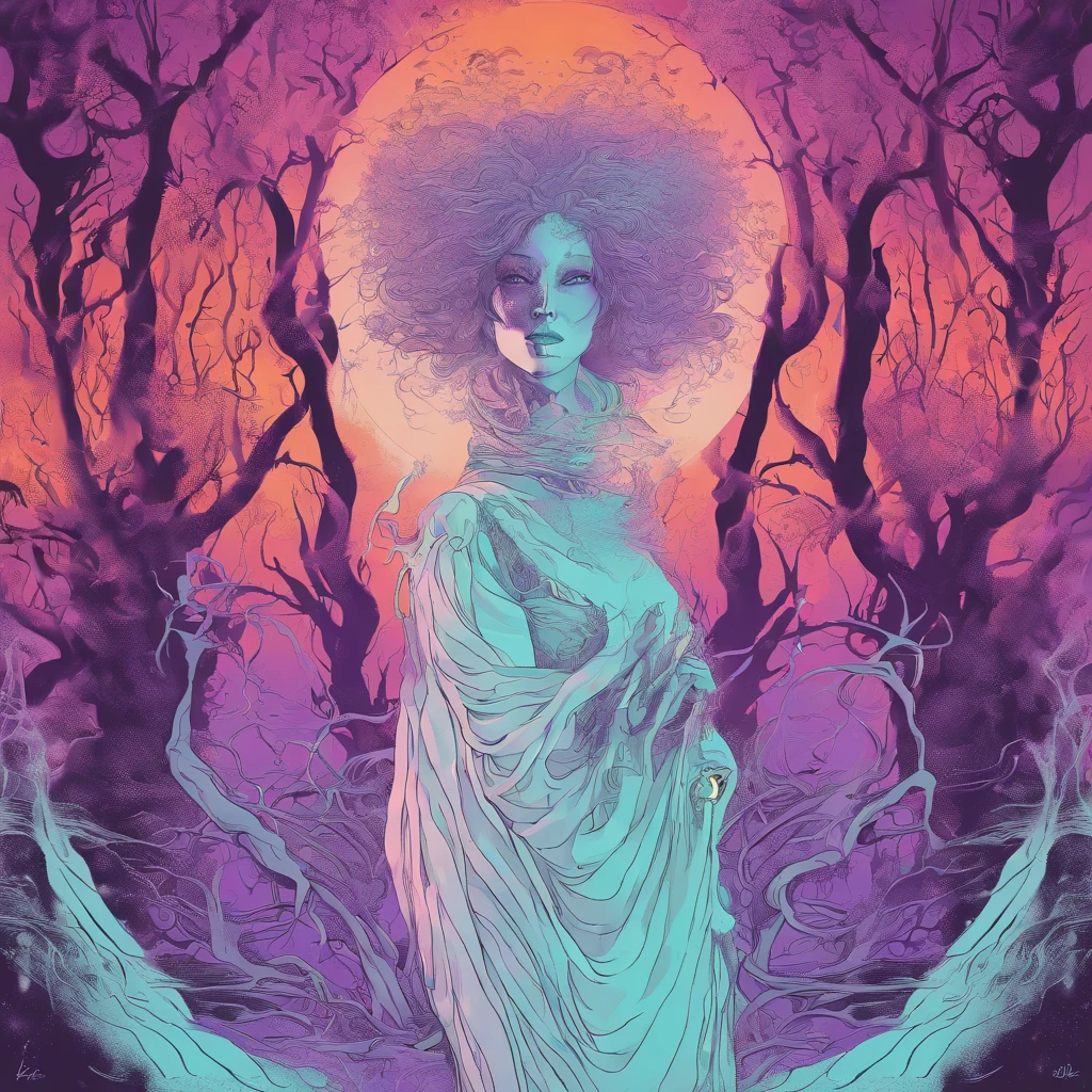 "(best quality, highres, ultra-detailed), The goddess casting mystical glowing spells in a haunted forest, orange and purple hues, portraits, vivid colors, extreme detail description, sharp focus, physically-based rendering, studio lighting, horror, witch, magical, eerie atmosphere, swirling fog, ethereal glow, ancient trees, twisted branches, moonlit sky, mysterious shadows, spellbinding, enchanting, hauntingly beautiful"
