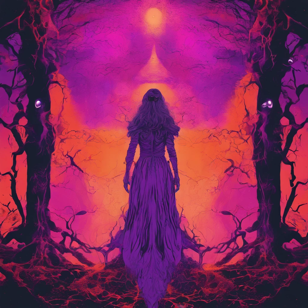 "(best quality, highres, ultra-detailed), The goddess casting mystical glowing spells in a haunted forest, orange and purple hues, portraits, vivid colors, extreme detail description, sharp focus, physically-based rendering, studio lighting, horror, witch, magical, eerie atmosphere, swirling fog, ethereal glow, ancient trees, twisted branches, moonlit sky, mysterious shadows, spellbinding, enchanting, hauntingly beautiful"