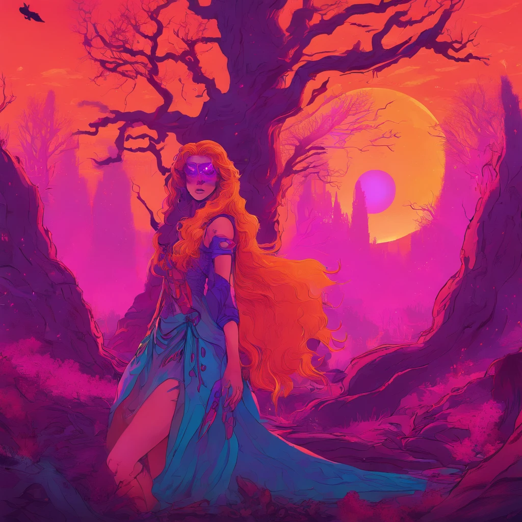 "(best quality, highres, ultra-detailed), The goddess casting mystical glowing spells in a haunted forest, orange and purple hues, portraits, vivid colors, extreme detail description, sharp focus, physically-based rendering, studio lighting, horror, witch, magical, eerie atmosphere, swirling fog, ethereal glow, ancient trees, twisted branches, moonlit sky, mysterious shadows, spellbinding, enchanting, hauntingly beautiful"