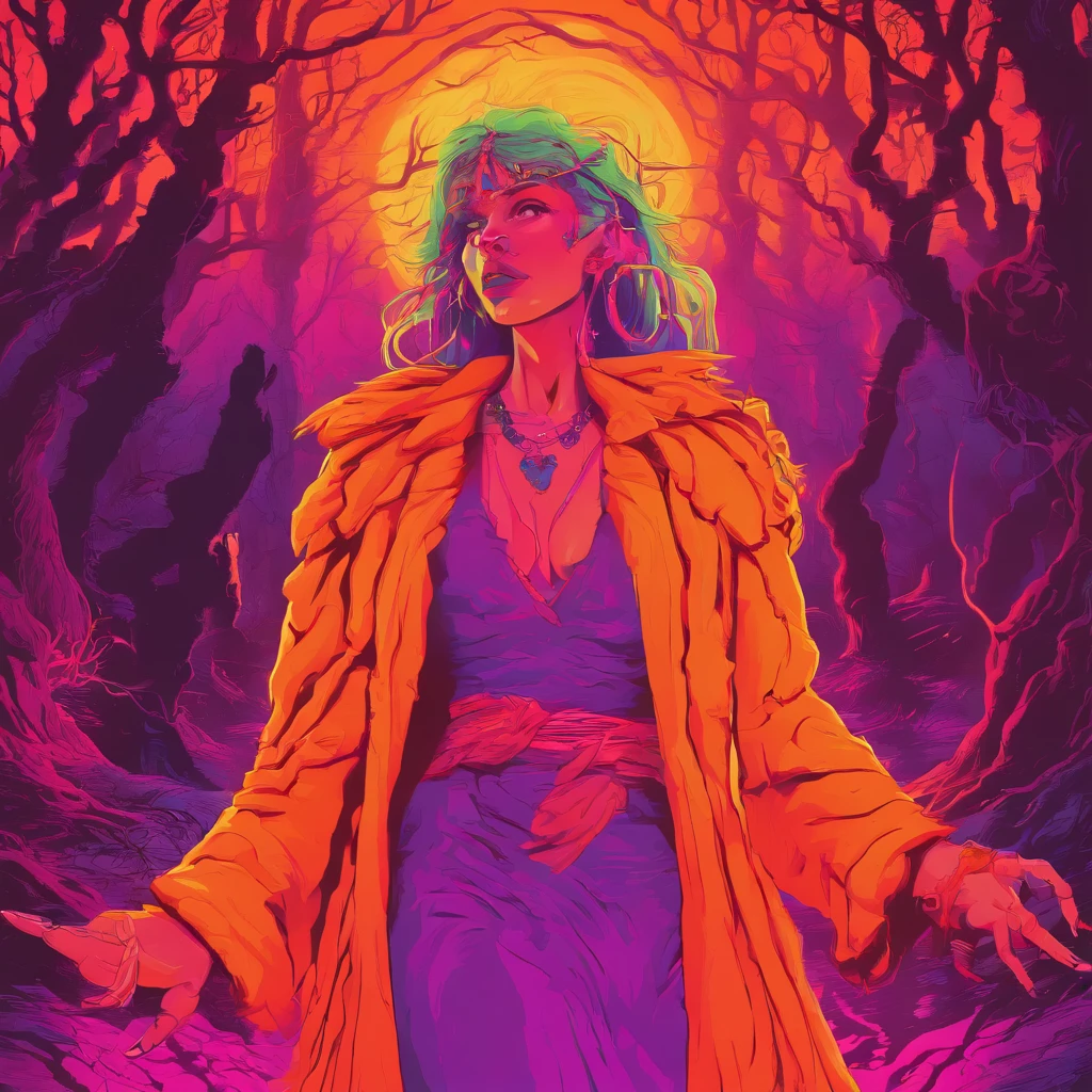 "(best quality, highres, ultra-detailed), The goddess casting mystical glowing spells in a haunted forest, orange and purple hues, portraits, vivid colors, extreme detail description, sharp focus, physically-based rendering, studio lighting, horror, witch, magical, eerie atmosphere, swirling fog, ethereal glow, ancient trees, twisted branches, moonlit sky, mysterious shadows, spellbinding, enchanting, hauntingly beautiful"