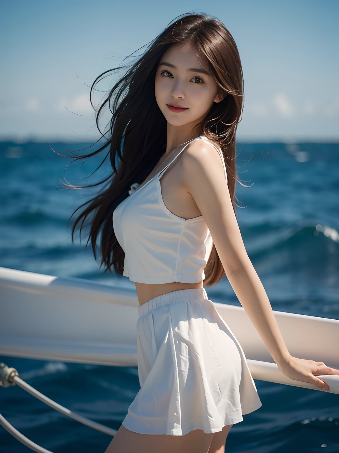 best qualtiy,tmasterpiece,超高分辨率,(真实感:1.4),RAW photogr,1girll,long whitr hair,Face Highlighting,Pure,Girly,Flushing,18yr old,18-year-old smiling female classmate,Pure,Innocent,(best qualtiy,8K,tmasterpiece:1.3),Goose egg face,largeeyes,long eyelasher,Exquisite(live-action realistic style),Star-like eyes,Ultimate face,Photorealistic light and shadow,Clear facial features,Milky white skin,Fair skin, highdetailskin, Realistic skin details, Visible Pore,(Super detail),(perfect bodies:1.1),long whitr hair,(dynamicposes),((Dynamic background((volumettic light:1.3)),huge tit,Sail ships,swell sea,Deep blue ocean water,Short skirt that wraps around the hips,liberta,Dashing,long leges,Shunguang