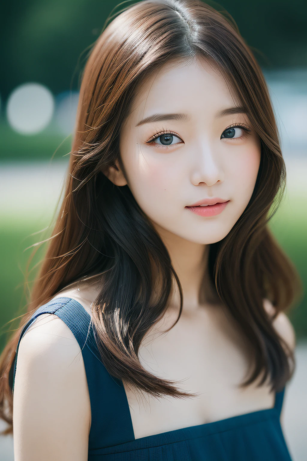 ((top-quality, 8K, tmasterpiece :1.3)), 1girll, ssmile, s whole body, Slim Faces, one pretty woman, (dark brown hair), Long blue dress :1.1, Highly detailed face, Detailed eyes, 二重まぶた, The background is blurred out, Slim Faces, City streets, (Zhang Yuanying), Cute Korean face,20 years old girl、Cute、Look at the sexy shots of the lens