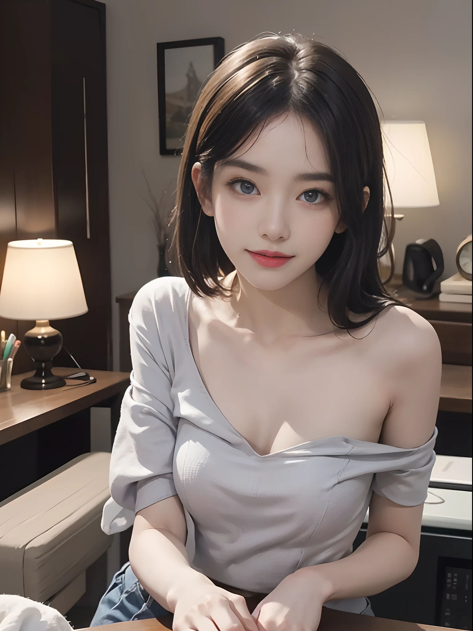 Unbeatable masterpiece, Ultra photo realsisim , Perfect artwork , Intricate details , Best quality , Strong light , High contrast , Dynamic pose , Dutch angle , ((Depth of field)) , Fashion girl , (Height: 1.1) , (Color: 0.9) , (Masterpiece: 1.2) , Extremely complex , Best quality , detail , 8K , 1 girl , Mature female , Short hair , True light source , Focus man lens , Close-up , reception desk , Perspectiva subjetiva , malefocus , looki at viewer , Solo , Media footage , Define a "real" light source , straight line , (above: 0.9) , (Shoulder shooting) , (chest: 1.1) , Medium chest , look far away , Indigo eyes , Delicate eyes , shyexpression , Smile ,Depth of field , sofe , Bed , pillow head , Tv , Socks , Living room ,Low double: 1.2)Look at the table , (Medium gray hair .Audience , (White crop top: 1.2) ,