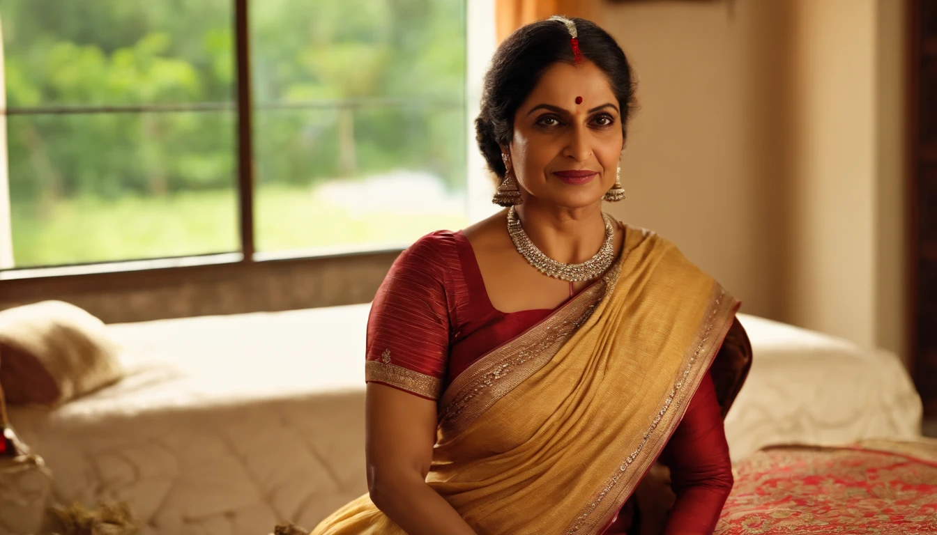 (Full body portrait:1.2),(((Sharpen))), hotel room, RAW, 8k, hard light, realistic skin texture, (((photorealism)), closeup, there is a woman, she is fifty years old, looking like indian aunty, she is very beautiful, she is wearing traditional, facing on camera