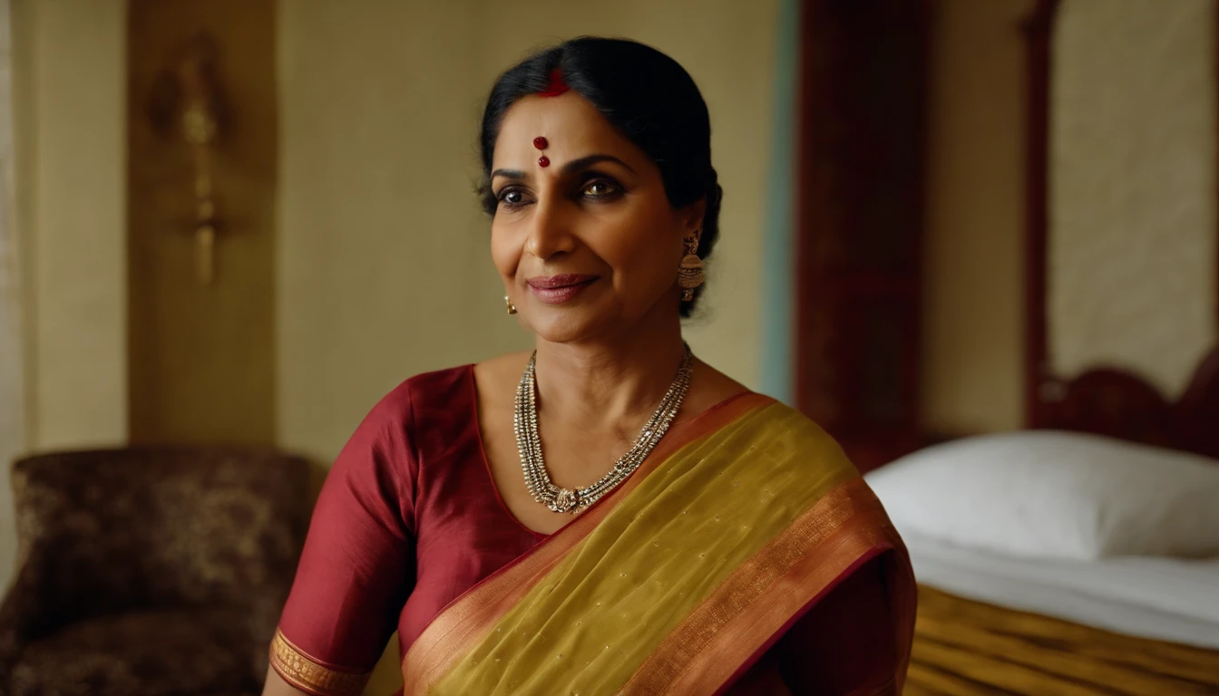 (Full body portrait:1.2),(((Sharpen))), hotel room, RAW, 8k, hard light, realistic skin texture, (((photorealism)), closeup, there is a woman, she is fifty years old, looking like indian aunty, she is very beautiful, smiling face, westren outfit