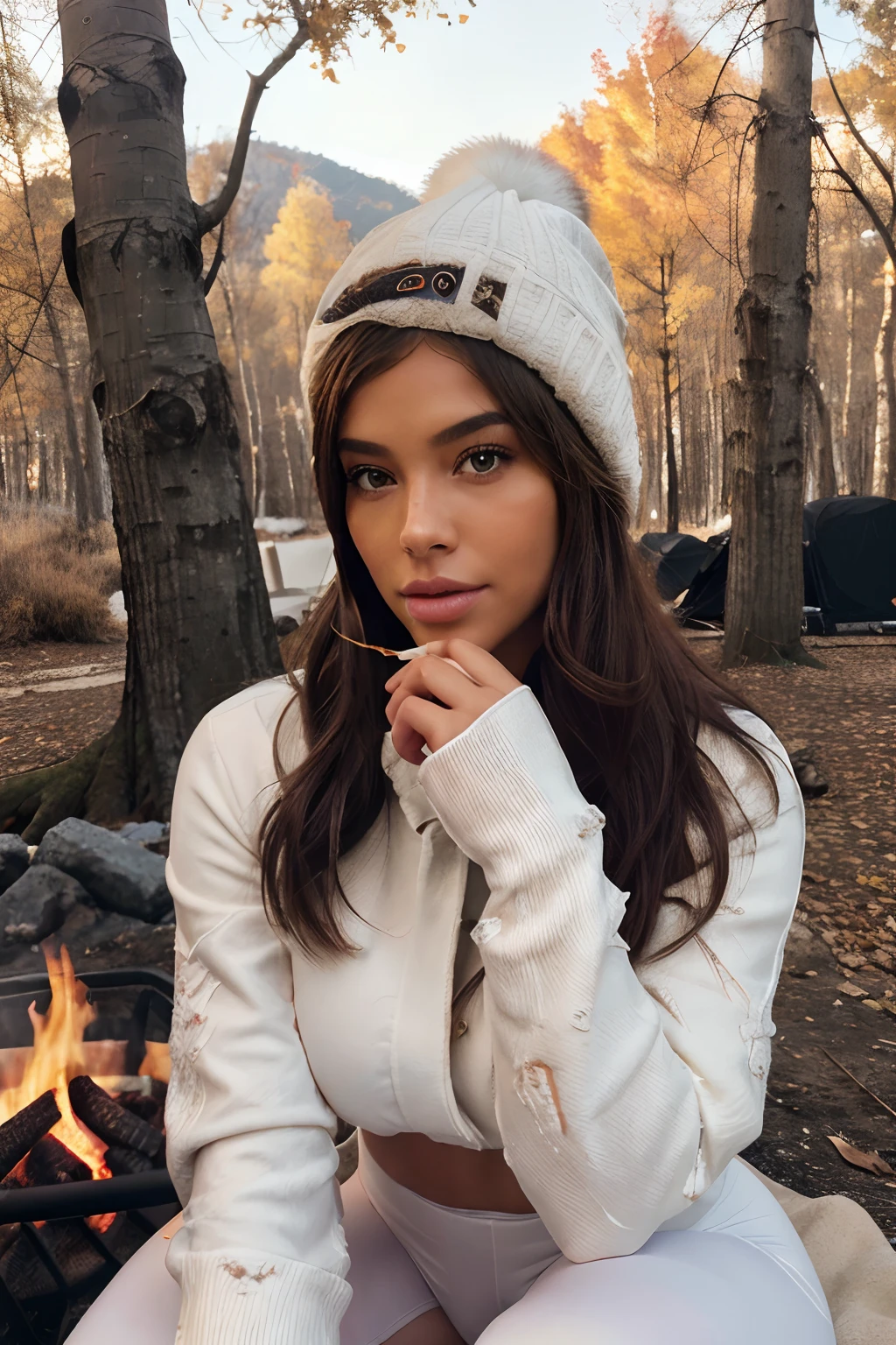 solo woman making smores around fire-pit, highest details, she's looking at camera, eating gooey marshmallow smores, she wears white winter jacket, white tights, gloves and knit hat, (ultra-realistic matte cloth texture), she sits by glowing fire, attractive woman, joyfully eating drippy chocolate treat, outdoor fashion, blonde hair falls down messy, gorgeous winter seasonal surroundings. solo woman, fall trees by (small camp-fire glow), (highest quality fire), (vivid fall colored leaves: orange, red, burnt sienna, naples yellow,) on the aspen trees, (ultra-realistic textures, coloring) film quality, woman dressed in warm winter style fashion, she's lovely, (wearing *tight matte white leggings), (highest level fabric texture detail,), (extreme detail of her fabric, hair ), she wears hair down messy, eating heavenly sweets, sensual, (extreme marshmallow smore detail), she's in front of viewer, fire glowing, ,soft accent ,autumns light, (ultra-real), crisp gorgeous rembranndt like lighting, (Rembrandt patch), (highest quality fire spark details), fall mountain aspens trees in background, silky long dark hair, every detail,Fine facial features, Masterpiece – Masterpiece ○○ quality – ○○ quality best quality(Highest Quality) ,Leica film, best, solo female eating (hiquality) etc ○○ detailed – ○○ details ultra detailed(Ultra-fine ), Photorealistic, Extremely detailed(Extremely detailed) , Finely detailed(Fine-grained), (highest detail skin texture peachfuzz earlobe realistic), (highest detailed mouth lips), etc ○○ res – ○○ resolution ultra high res(A high resolution) , very high texture res(light resolution), Realistic – Realistic Photorealistic – photorealistic beautiful – beautiful 4k , 8K,extreme detail of nature, dreamy, close and intimate, she is in front of camera, captivating surroundings, (highest quality hair, fabric, ((natural surroundings ultra-realistic details of deep color))), calming and relaxed in fall photoshoot