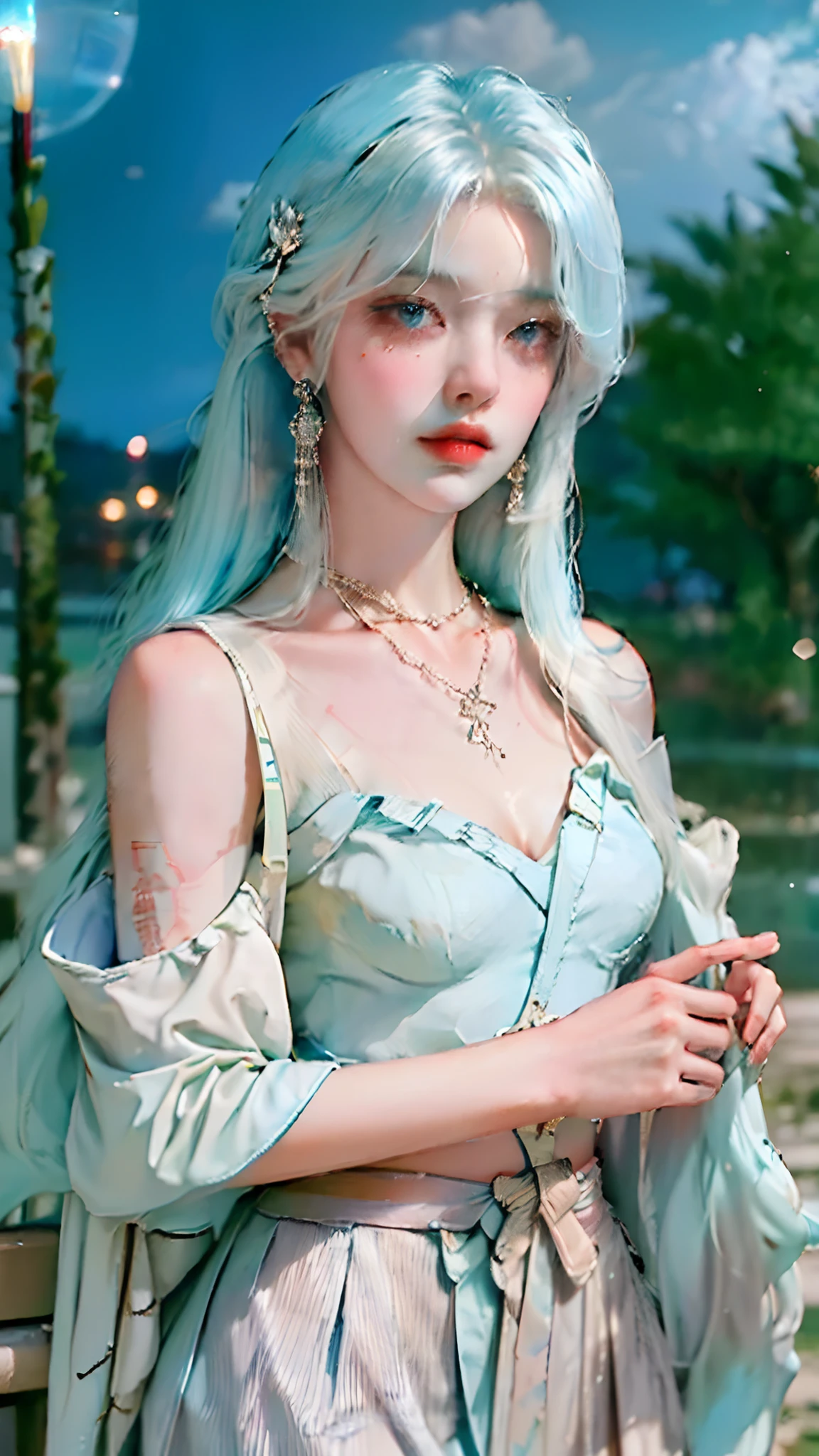 (masterpiece:1.4), (best quality:1.4), realistic, 1gril, solo, ((light blue hair)), hair ornament, long hair, blue eyes, collarbone, portrait, red lips, parted lips, (cleavage, pleated skirt), small breasts, blue nails, necklace, earrings, fashi-girl, looking at viewer, professional light, night, rain, outdoors,