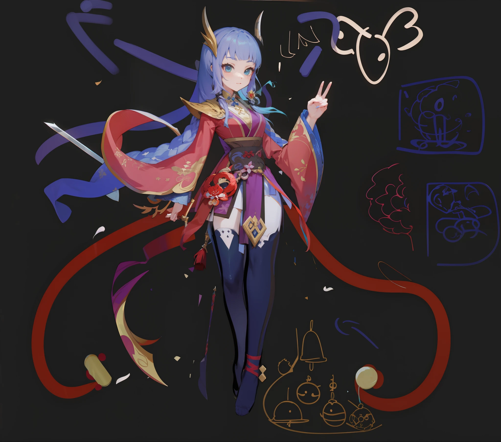 Anime characters with a sword and a cat on black background, Onmyoji detailed art, onmyoji, full-body xianxia, Keqing from Genshin Impact, zhongli from genshin impact, [ Character design ], Ayaka Genshin impact, [ conceptual art ]!!, touhou character, G Liulian art style，Girl，Exquisite facial features，Light and shadow details，adolable