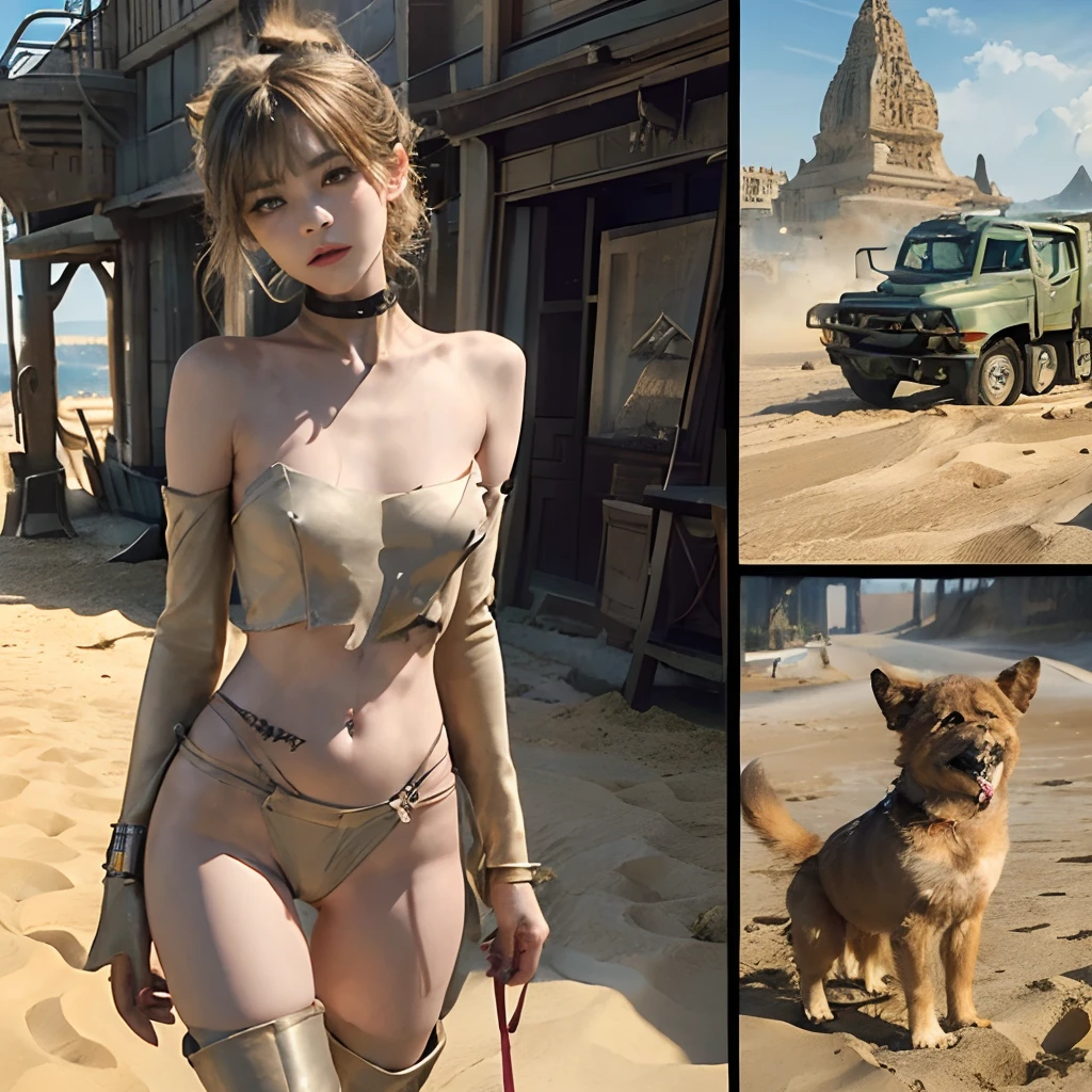 Highly detailed face、4K,8K,masuter piece、NSFW、((Punkish Girl))、The wind is blowing、Well-formed face、Girl Naked、barechested、((Nothing is worn))、fullnude、Naked 14 years old、fullnude、８Head and body、a small face、A slender、Very skinny、skinny、tiny chest,Ribs、discreet breasts、Smaller chest、small tits、beauty legs、Constricted waist、dented belly、Model body type、Beautiful hair、Backgrounds that look like real photos、(((Head-to-toe frame-in)))、outside of house、(((One leg is a thigh boot)))、(((Thigh strap for only one leg)))、((walking away))、Happy face、(((Wearing a dog collar)))、A devastated world、century、Decadent world、Ruins after a nuclear war、madmax、Wasteland、Sand and dust、Fighting tribes、tribe、((((Modified Trucks)))、G-Shock、((((baddest))))、((opposition party))、thief、Fine dust、、((Collage of 3 divisions))、(((Sand and dust)))、Skin without reflections、run、wasteland、Rough stuff