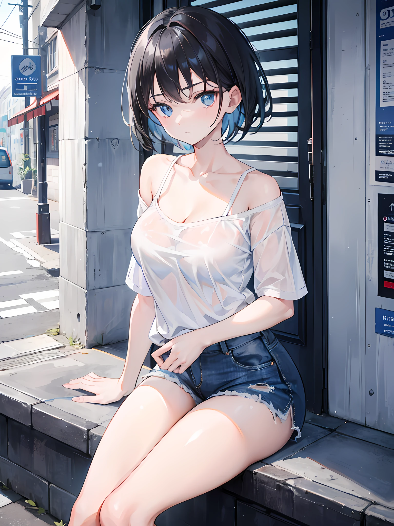 1girl, short black hair, blue eyes, wearing plain white shirt, denim shorts, city, absurdres, high res, ultrasharp, 8K, masterpiece, looking at viewer