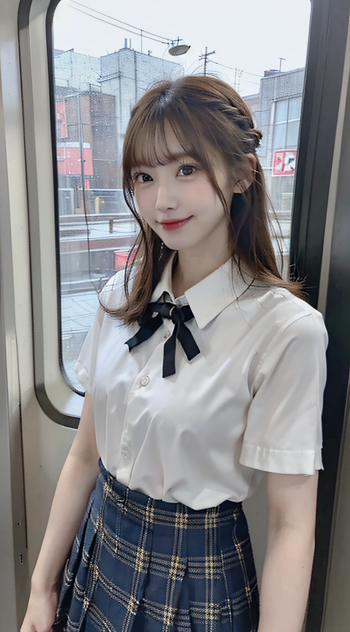 (masterpiece:1.3), (8K, Photorealsitic, Raw photography, Top image quality: 1.4), Japan high school girls、(Random hairstyles:1.2)、(small tits:1.3)、Super Detail Face、Eye of Detail、二重まぶた、foco nítido:1.2、prety woman:1.4、light brown hair、top-quality、超A high resolution、(Photorealsitic:1.4)、very detailed and professional lighting、slender、(A smile)、Japanese girls' high school uniform、The skirt is plaid、(In the train car)、(Looking out the window of the door:1.5)、(Skirt is low waist:1.2)、