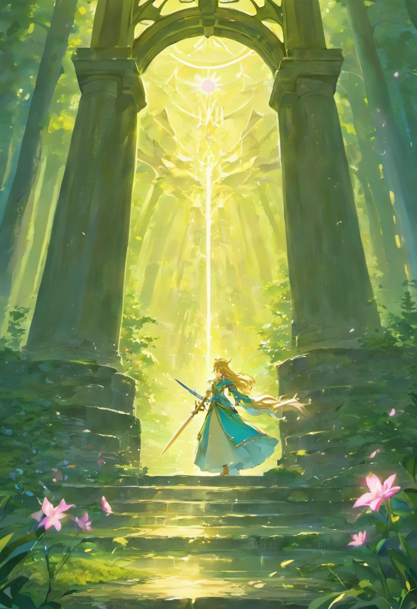 (best quality,masterpiece:1.2),ultra-detailed,(painting), studio lighting, ultra-fine painting, sharp focus, physically-based rendering, extreme detail description, professional, vivid colors, bokeh, oil painting, fairy tale, realistic, dream-like, enchanting atmosphere, magnificent castle in the distance, majestic trees, golden rays of sunlight streaming through the branches, sparkling waterfall, pink and red flowers blooming, gentle breeze rustling the leaves, mythical creatures hidden in the shadows, moss-covered stones, romantic atmosphere, magical, ethereal, mysterious, knight wearing shining armor in distance, knight holding a sword and shield, determination in his eyes, love in the air, princess waiting in the castle tower, soft blush on her cheeks, anticipation in her expression, knight in the forest in search of his true love, pallet knife and brush strokes adding texture and depth to the painting, warm color palette with shades of green, gold, and pink, soft, diffused lighting casting a romantic glow over the scene.