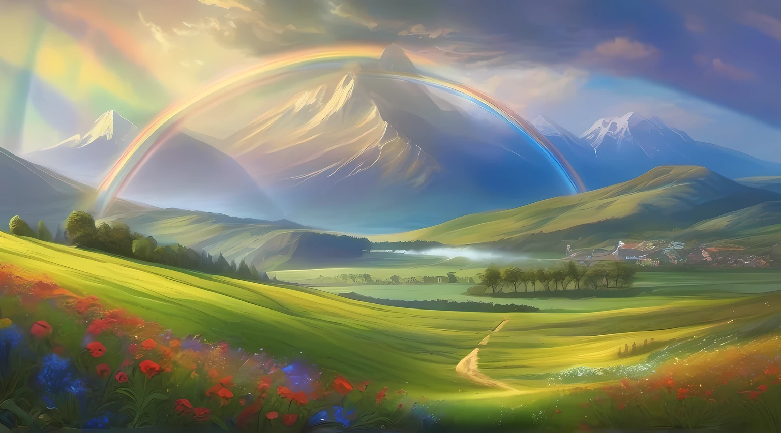European steppe、Mountains in the distance、Grassland hills overlooking the Alps、A hill with a big rainbow、rainbows、Meadow hill after rain、blue-sky、clouds、Double Caught Rainbow、Pasture、