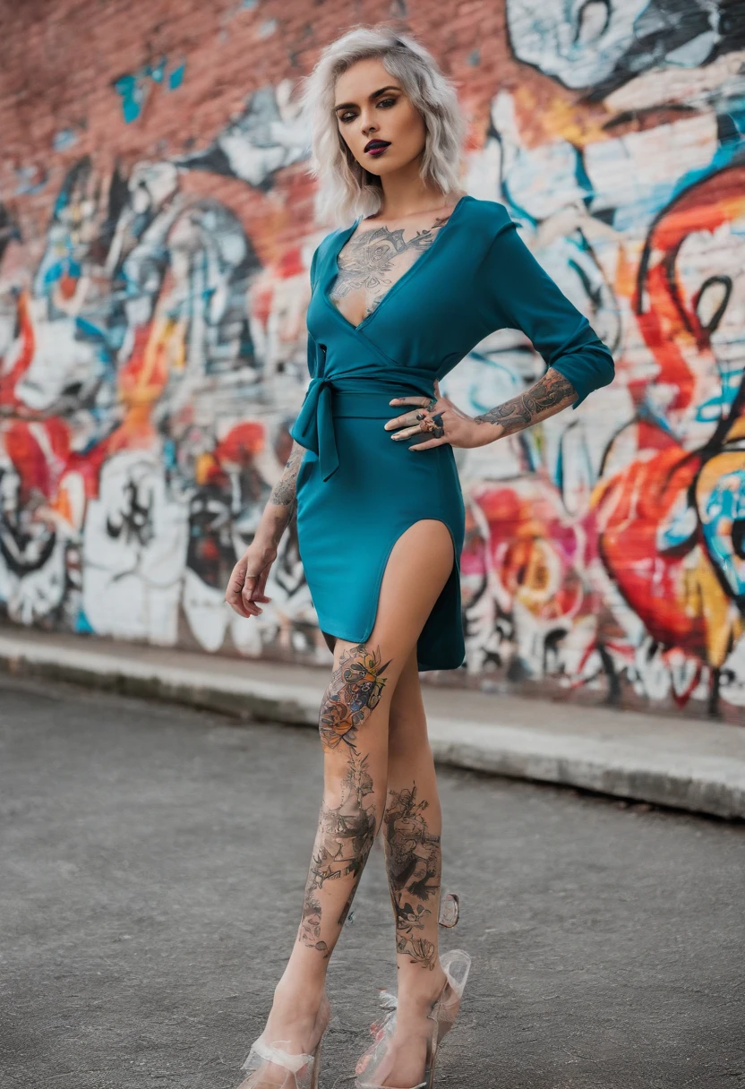1. “(Scene description) -Model, dressed in Balaklava and wrapped in cellophane, creating the effect of translucency, appears before the public. Her body is topped with many tattoos, which are visible through translucent layers of clothing. This unique collection is a combination of translucent and transparent materials, using liquid fire and BDSM dresses. A runway fashion show isn't just about raising awareness about mental health, but also serves as a platform for expressing the individuality and art of tattooing. Each tattoo on the model's body tells its own unique story, making this show even more exceptional and emotional. Each dress in this collection is made from recycled materials or produced in fair working conditions, emphasizing the importance of sustainability and ethics in the fashion industry. The light inside each piece adds visual brightness and adds extra depth to the atmosphere of the collection. The collection carries a message of hope, Resistance, and celebrates the personality and art of tattooing.”
