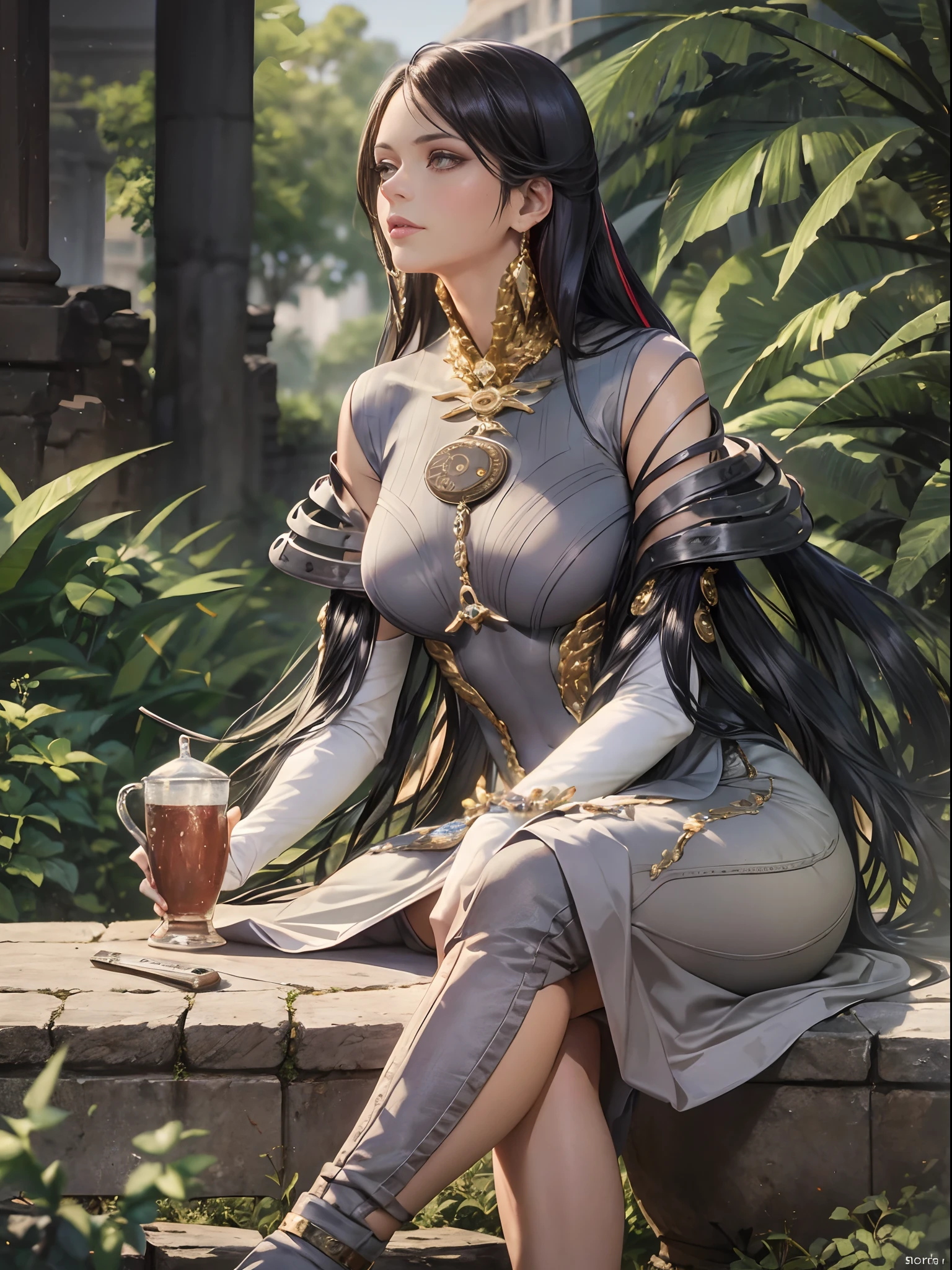 village belle sitting on a stone table, (extremely detailed face and eyes), (mature face), spread legs, , ancient ruins background, beautiful shadow and lighting, retro fashion, muted pastel colors