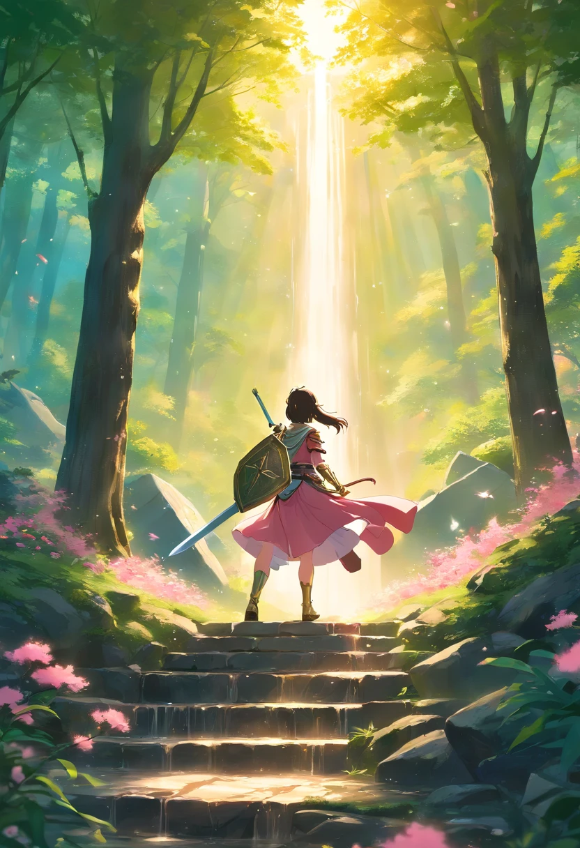 (best quality,masterpiece:1.2),ultra-detailed,(painting), studio lighting, ultra-fine painting, sharp focus, physically-based rendering, extreme detail description, professional, vivid colors, bokeh, oil painting, fairy tale, realistic, dream-like, enchanting atmosphere, magnificent castle in the distance, majestic trees, golden rays of sunlight streaming through the branches, sparkling waterfall, pink and red flowers blooming, gentle breeze rustling the leaves, mythical creatures hidden in the shadows, moss-covered stones, romantic atmosphere, magical, ethereal, mysterious, knight wearing shining armor in distance, knight holding a sword and shield, determination in his eyes, love in the air, knight in the forest in search of his true love, pallet knife and brush strokes adding texture and depth to the painting, warm color palette with shades of, gold, and pink, soft, diffused lighting casting a romantic glow over the scene.