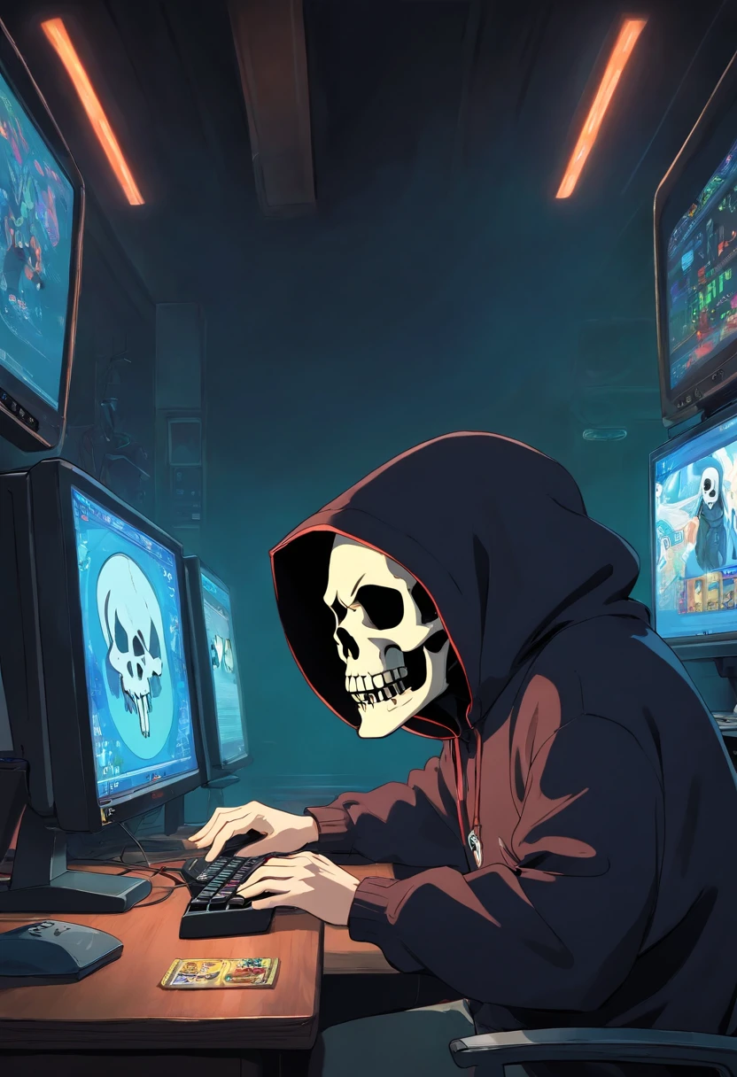 "An evil skull day trader sitting in front of several computers trading in the financial market on the mt5 platform, high quality image. Add the text to the image "Eder Santo Professional trader, the terror in the financial market"