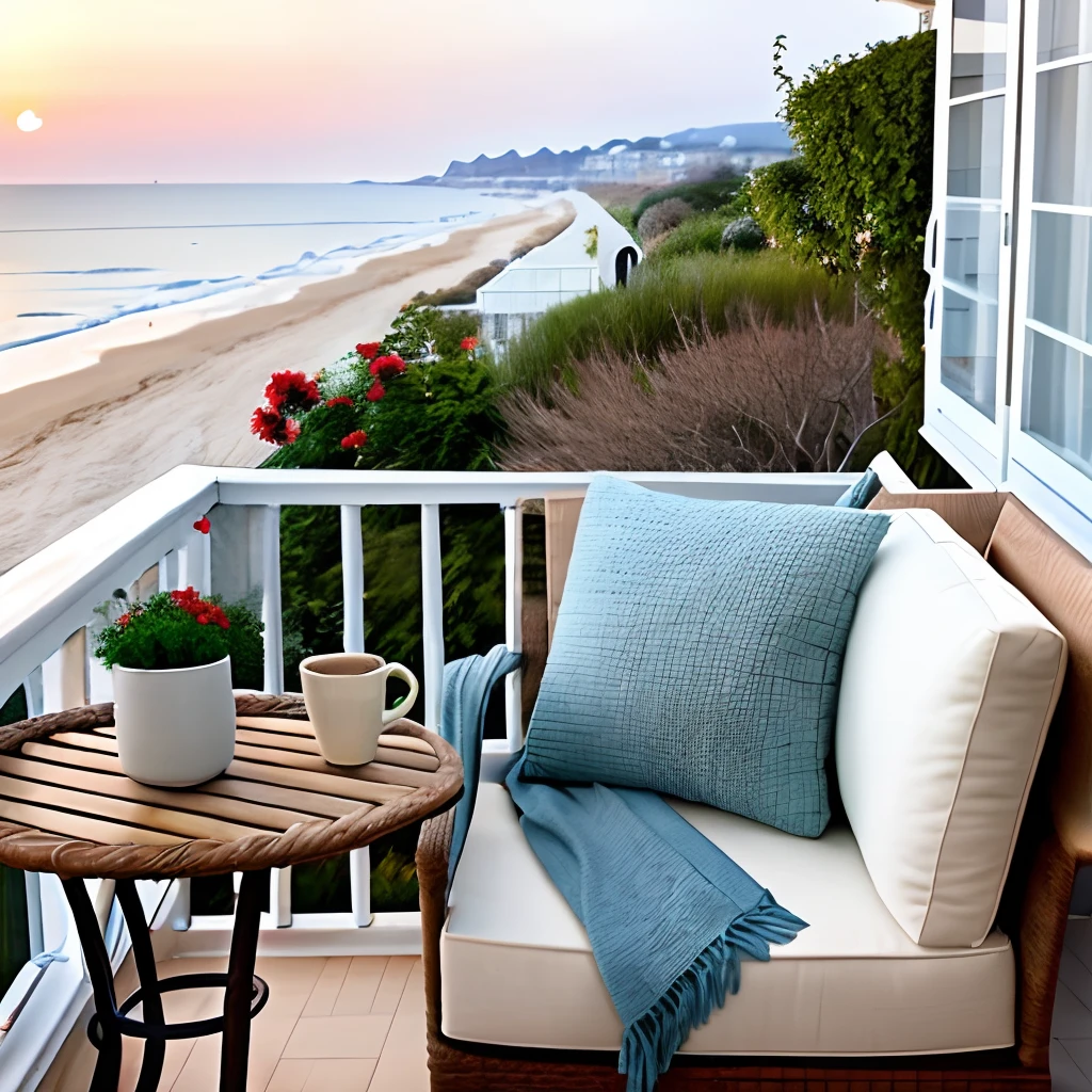 Terrace in a house by the sea, On the terrace there is an armchair and a table, There is a blanket on the chair.  There is one cup of coffee on the table. dawning